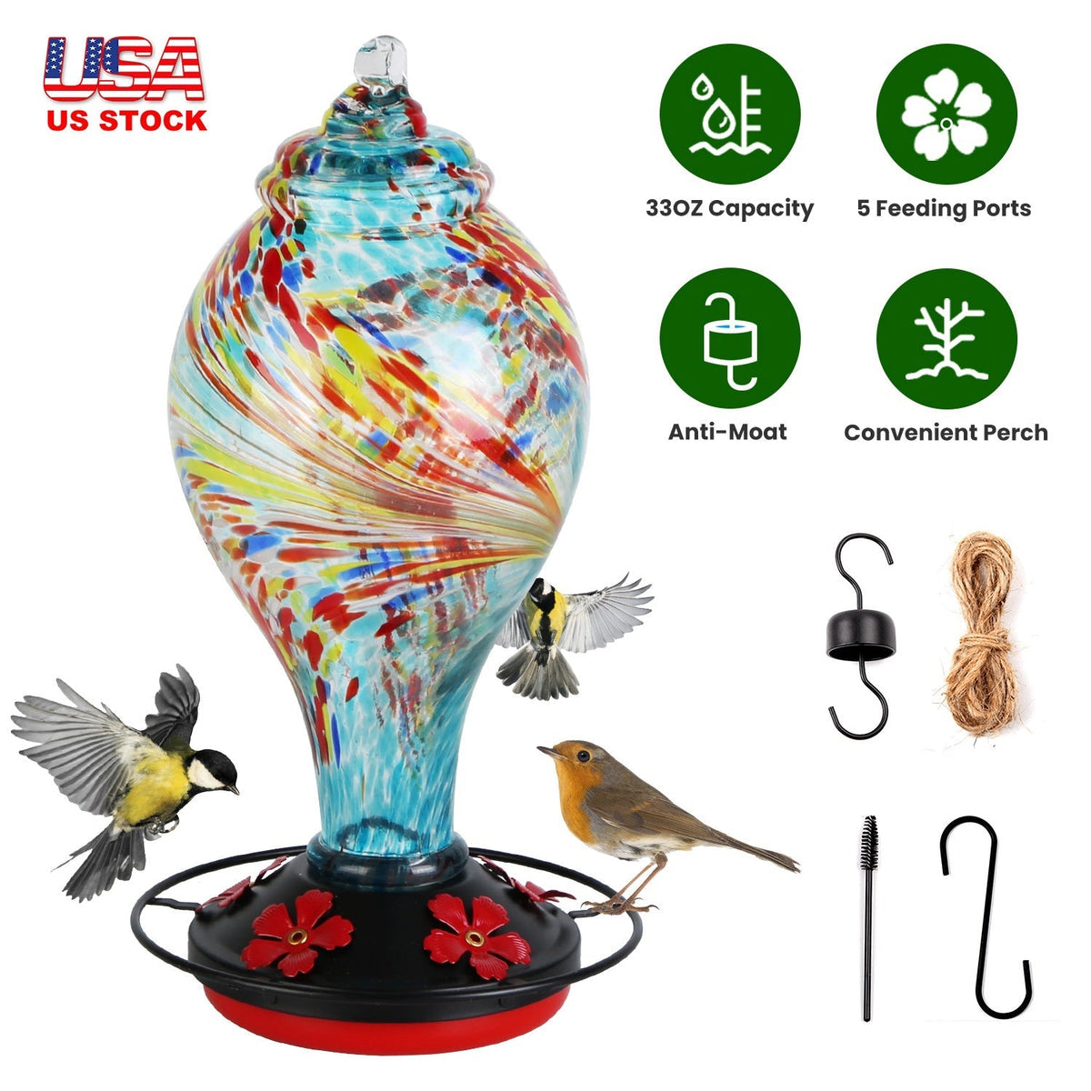 33oz Hand Blown Hummingbird Feeder with 5 Flower Feeding Port Perch Ant Moat Hanging Hook S Hook Hemp Rope Cleaning Brush for