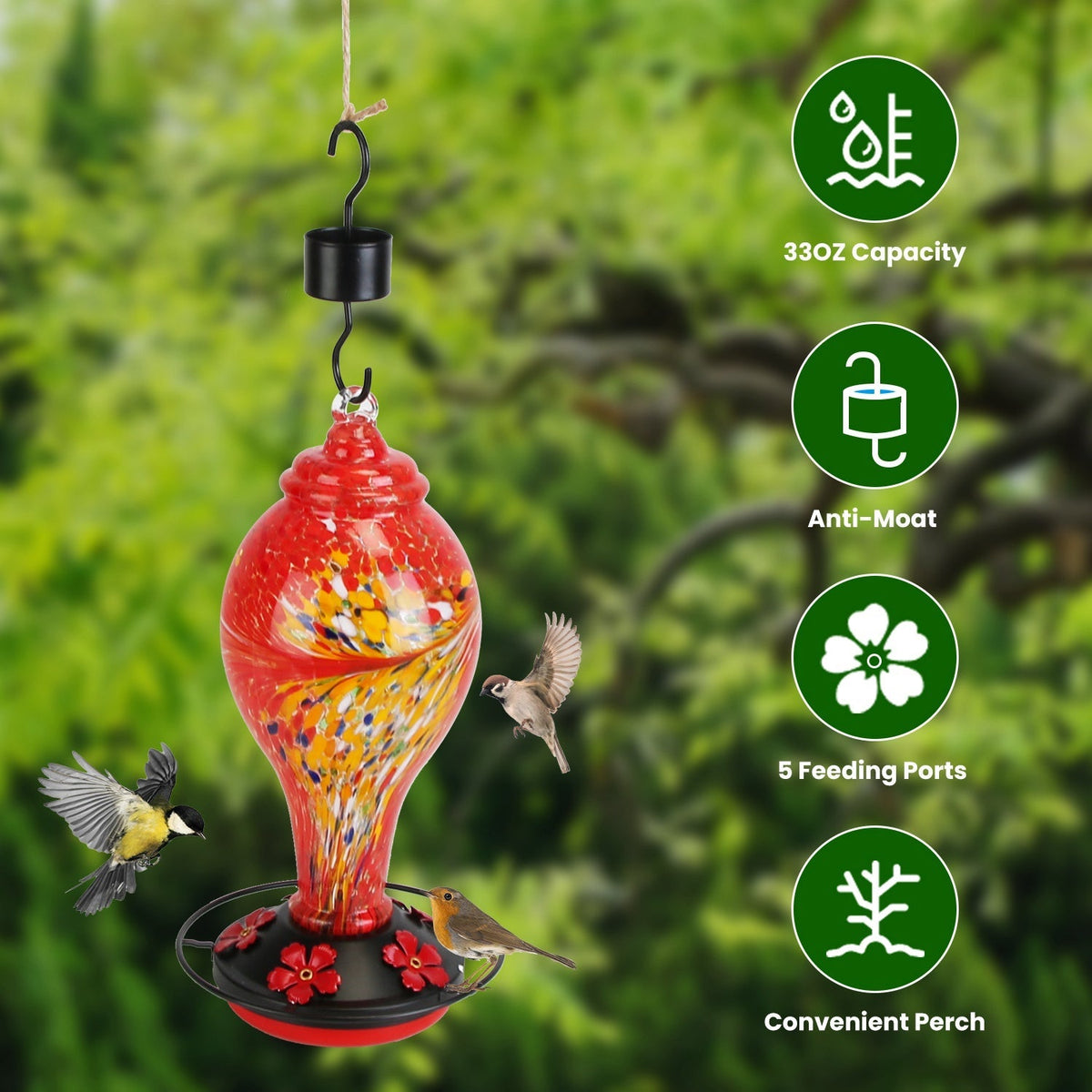 33oz Hand Blown Hummingbird Feeder with 5 Flower Feeding Port Perch Ant Moat Hanging Hook S Hook Hemp Rope Cleaning Brush for