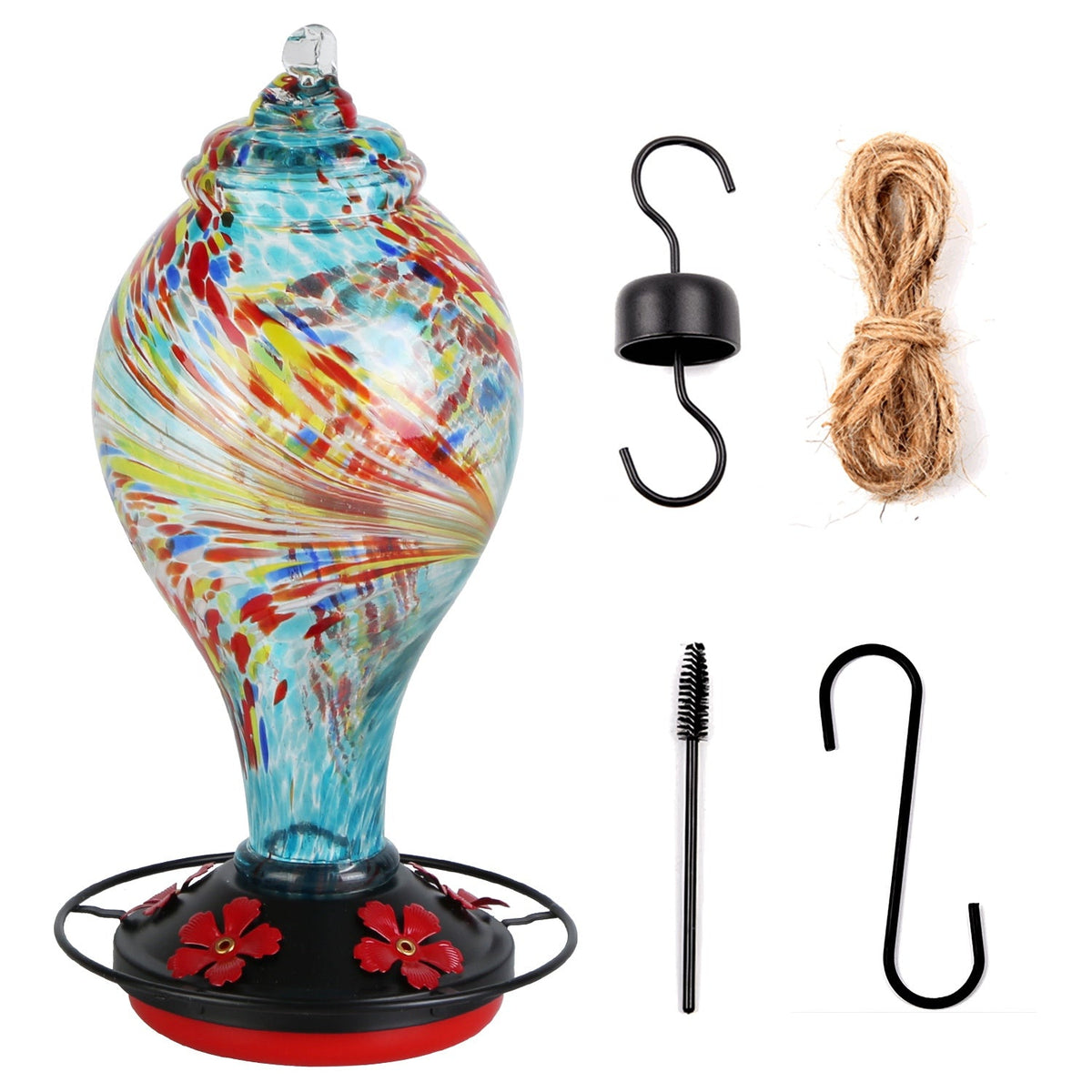 33oz Hand Blown Hummingbird Feeder with 5 Flower Feeding Port Perch Ant Moat Hanging Hook S Hook Hemp Rope Cleaning Brush for