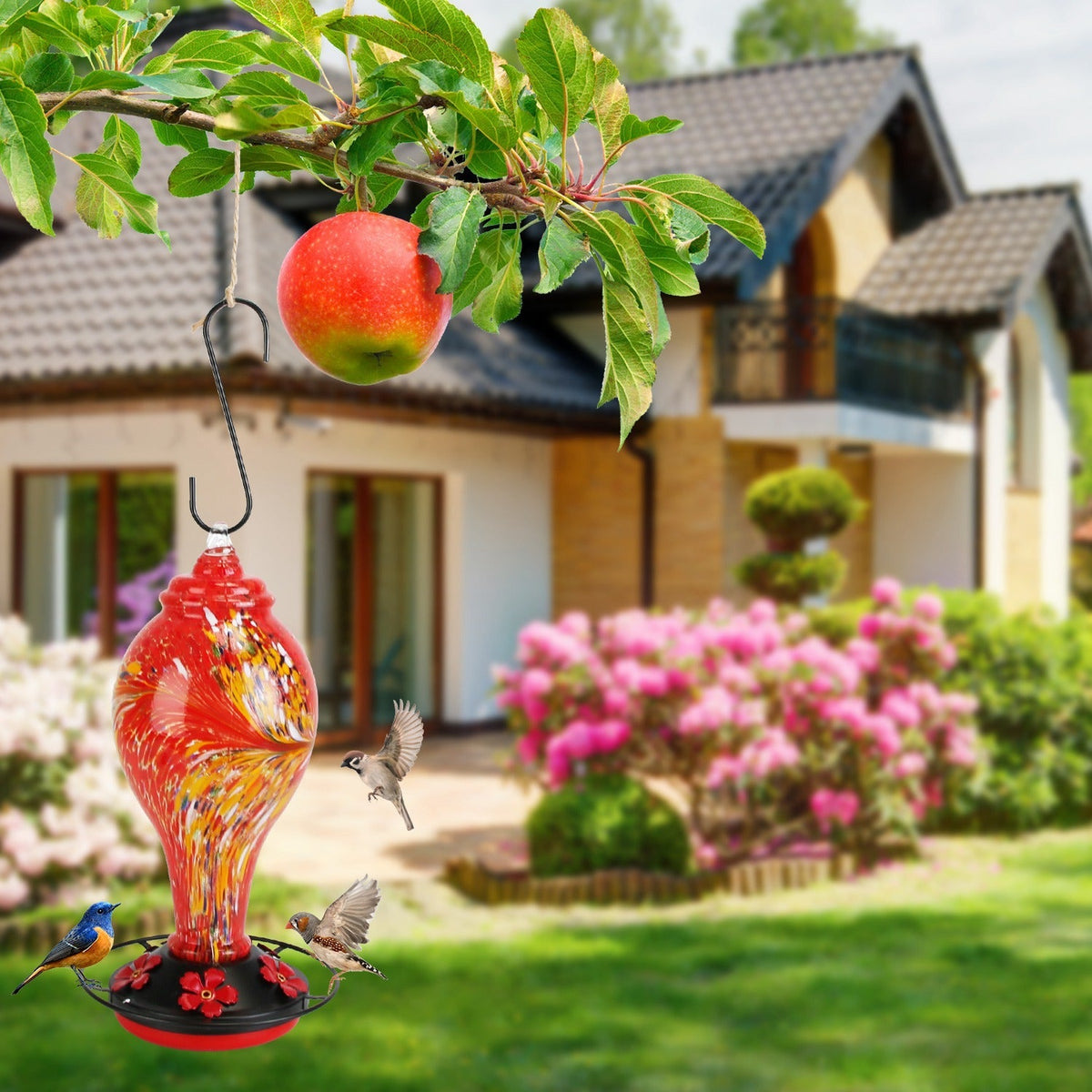 33oz Hand Blown Hummingbird Feeder with 5 Flower Feeding Port Perch Ant Moat Hanging Hook S Hook Hemp Rope Cleaning Brush for