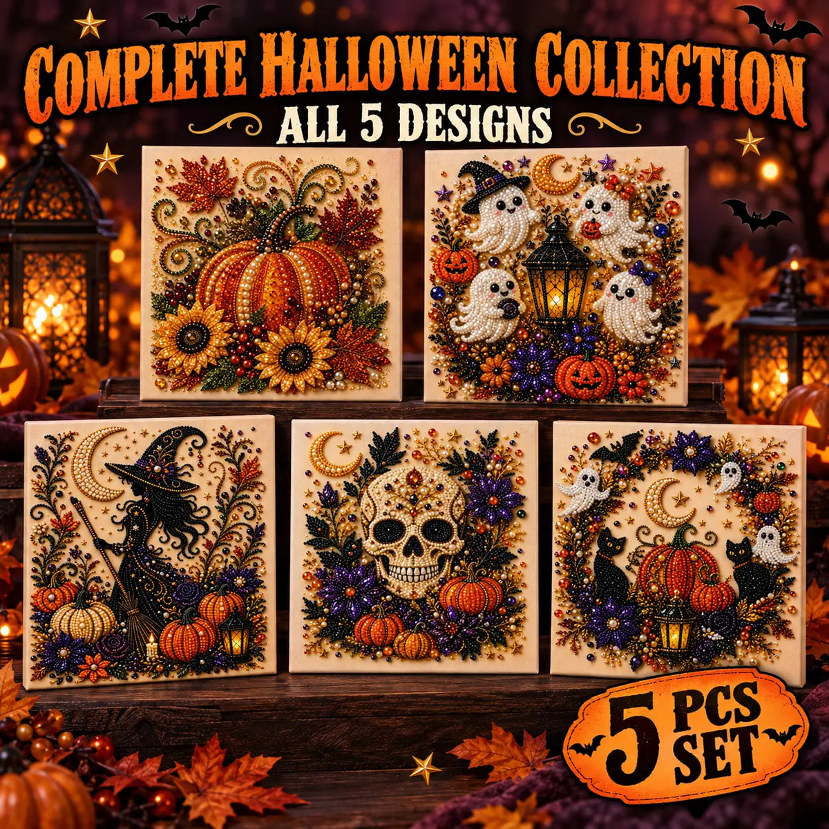 Halloween Diamond Painting Kits with Frame for Adults & Teens, 5D DIY Diamond Art Craft Kit with Full Drill Canvas and Tools, Pumpkin Ghost Witch Cat Halloween Wall Decor, Beginner-Friendly Gift, 8 X 8 Inch