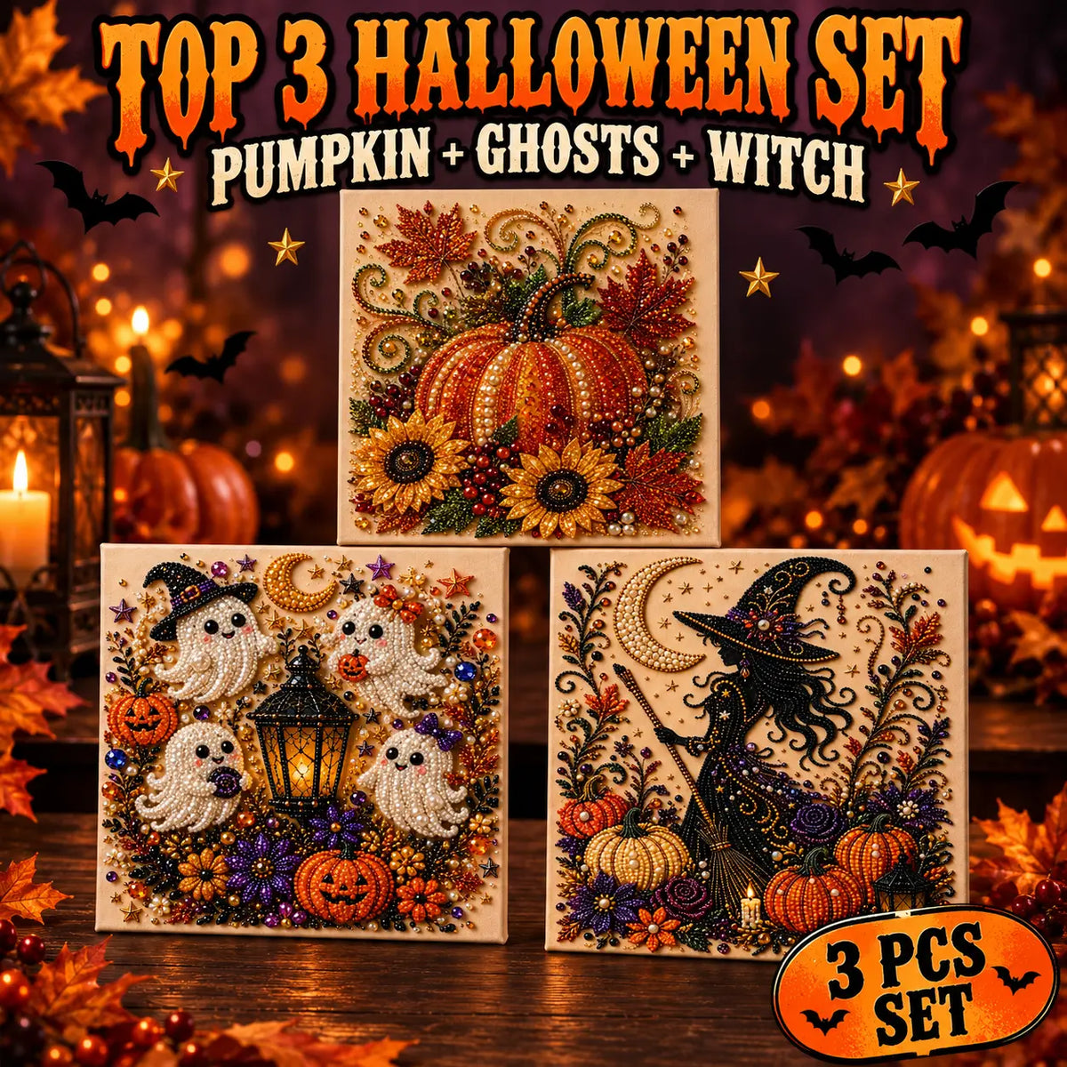 Halloween Diamond Painting Kits with Frame for Adults & Teens, 5D DIY Diamond Art Craft Kit with Full Drill Canvas and Tools, Pumpkin Ghost Witch Cat Halloween Wall Decor, Beginner-Friendly Gift, 8 X 8 Inch