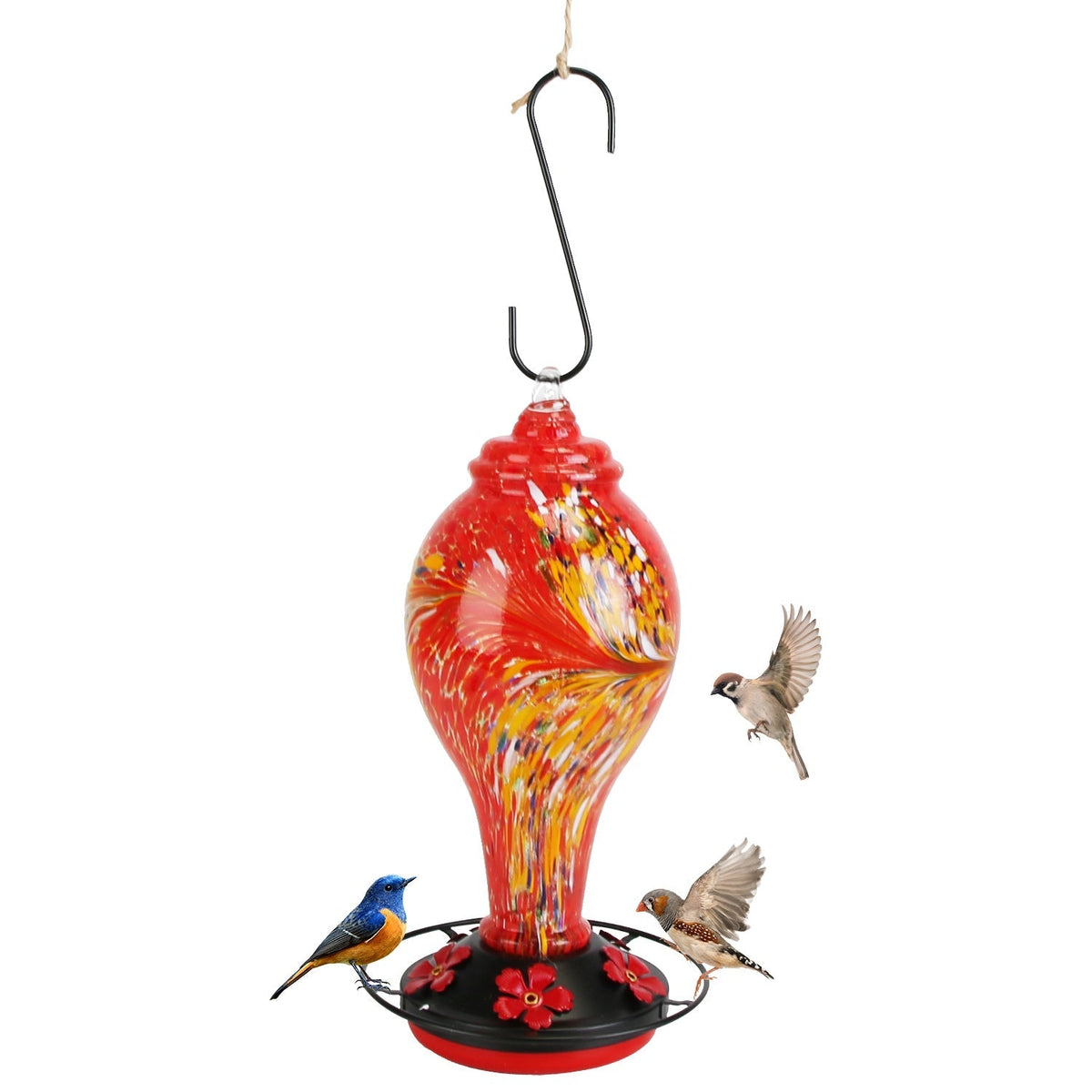 33oz Hand Blown Hummingbird Feeder with 5 Flower Feeding Port Perch Ant Moat Hanging Hook S Hook Hemp Rope Cleaning Brush for