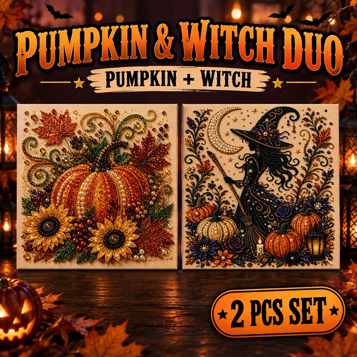 Halloween Diamond Painting Kits with Frame for Adults & Teens, 5D DIY Diamond Art Craft Kit with Full Drill Canvas and Tools, Pumpkin Ghost Witch Cat Halloween Wall Decor, Beginner-Friendly Gift, 8 X 8 Inch