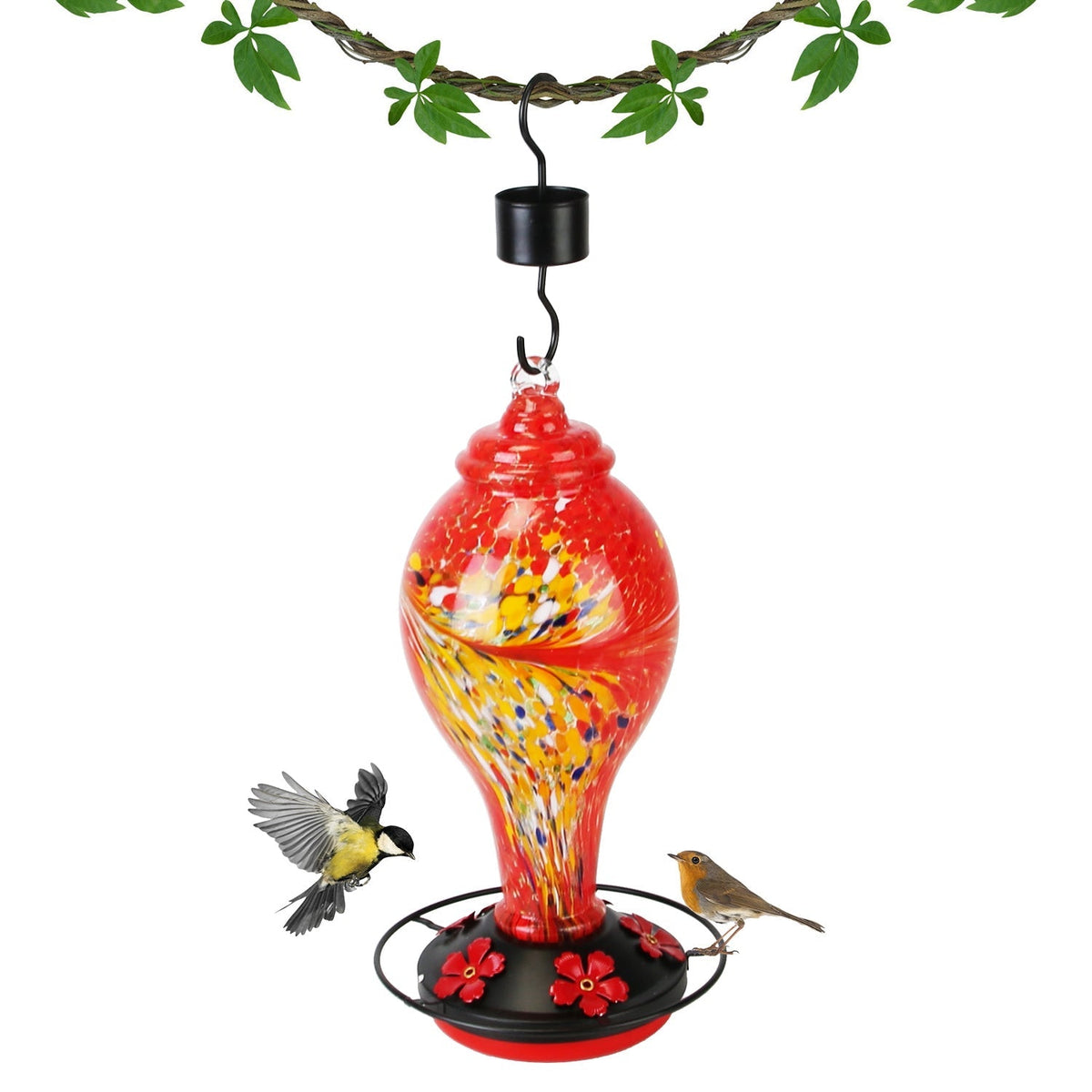 33oz Hand Blown Hummingbird Feeder with 5 Flower Feeding Port Perch Ant Moat Hanging Hook S Hook Hemp Rope Cleaning Brush for