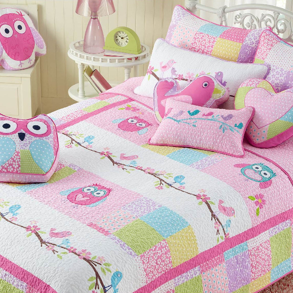 Pink Owl Embroidered Bird Novelty Throw Pillow
