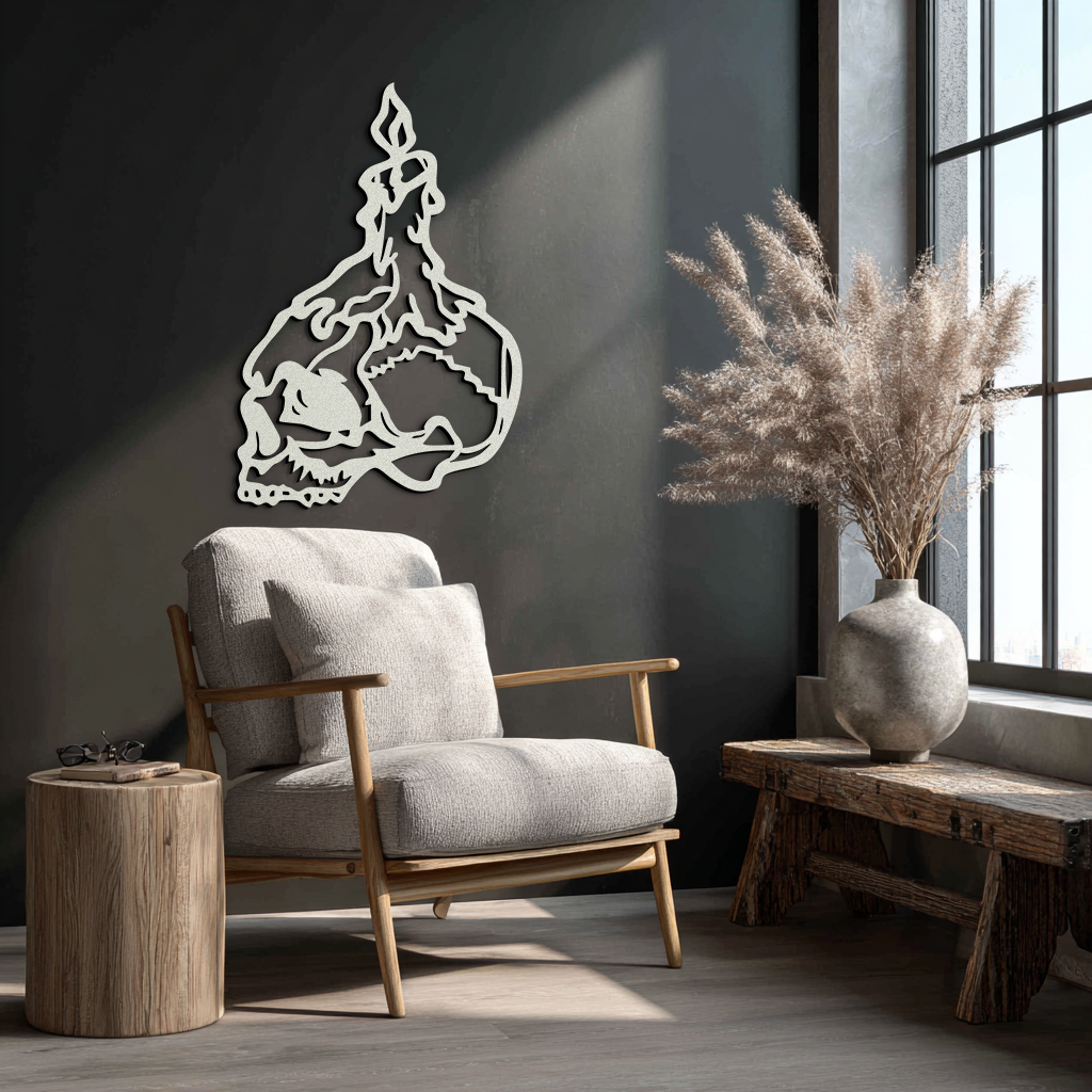 Candle on Skull Gothic Style Metal Wall Art – Dark Themed Home Decor - KAF643