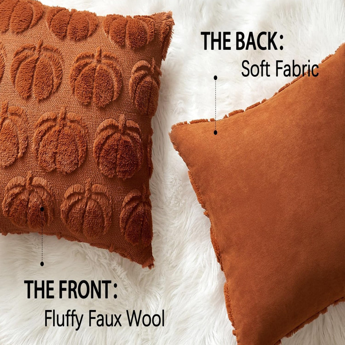 Pumpkin Fall Throw Pillow Covers - Set of 2 Rust Red Faux Fur Pillow Cases