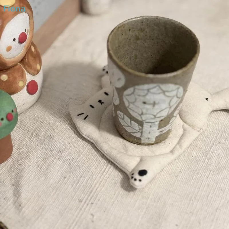 Cute Cat-Shaped Fabric Coasters — Soft Padded Linen Cup Mats for Home & Desk