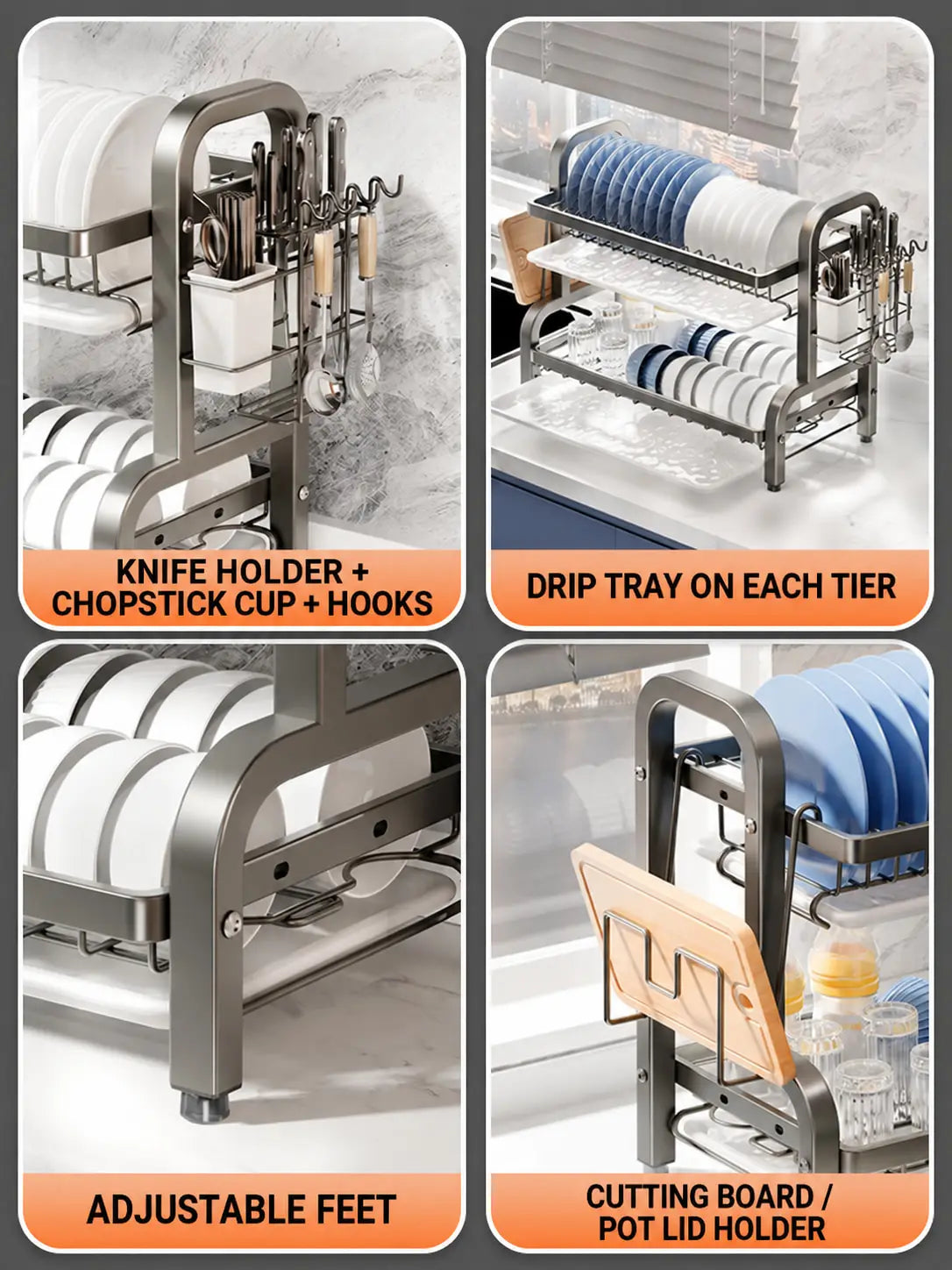 Dish Drying Rack 2 Tier, Dish Rack for Kitchen with Drip Trays, Plate Rack, Knife Holder, Cutlery Basket, Cutting Board Holder