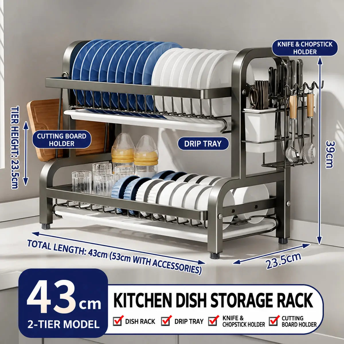 Dish Drying Rack 2 Tier, Dish Rack for Kitchen with Drip Trays, Plate Rack, Knife Holder, Cutlery Basket, Cutting Board Holder