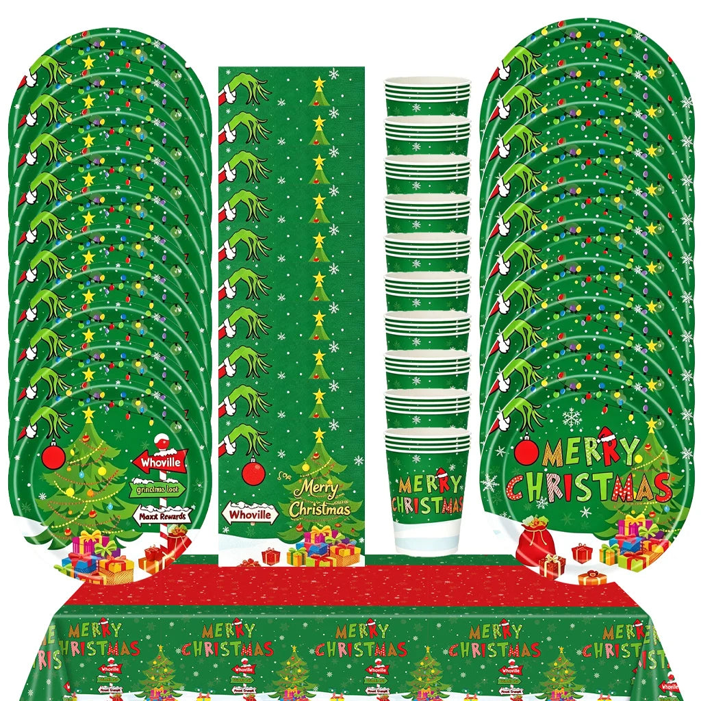 2026 Christmas New Decorations Green Party Tableware Set Disposable Paper Plates Cups Napkins For New Year Eve Dinner Supplies