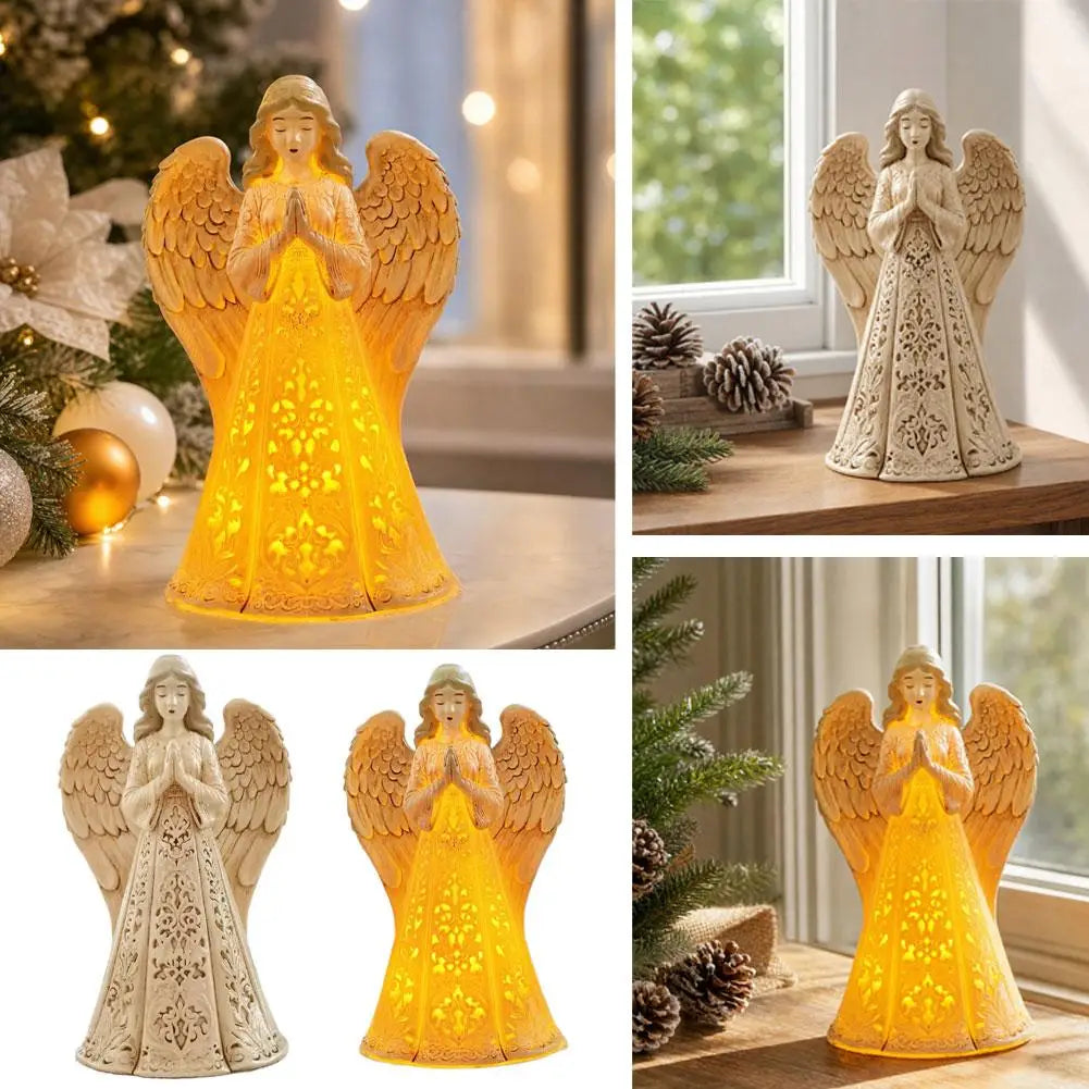Christmas Praying Angel Statue with Warm LED Light – Hollow Resin Holiday Décor