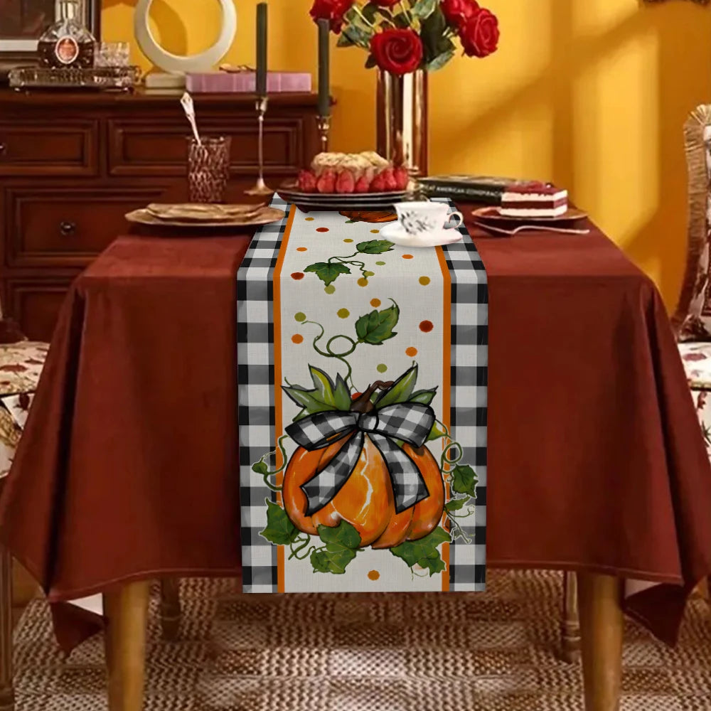 Fall Pumpkin Table Runner Black White Buffalo Plaid Edge, Autumn Harvest Bow Pumpkin Print Tablecloth, Thanksgiving Dining Table
