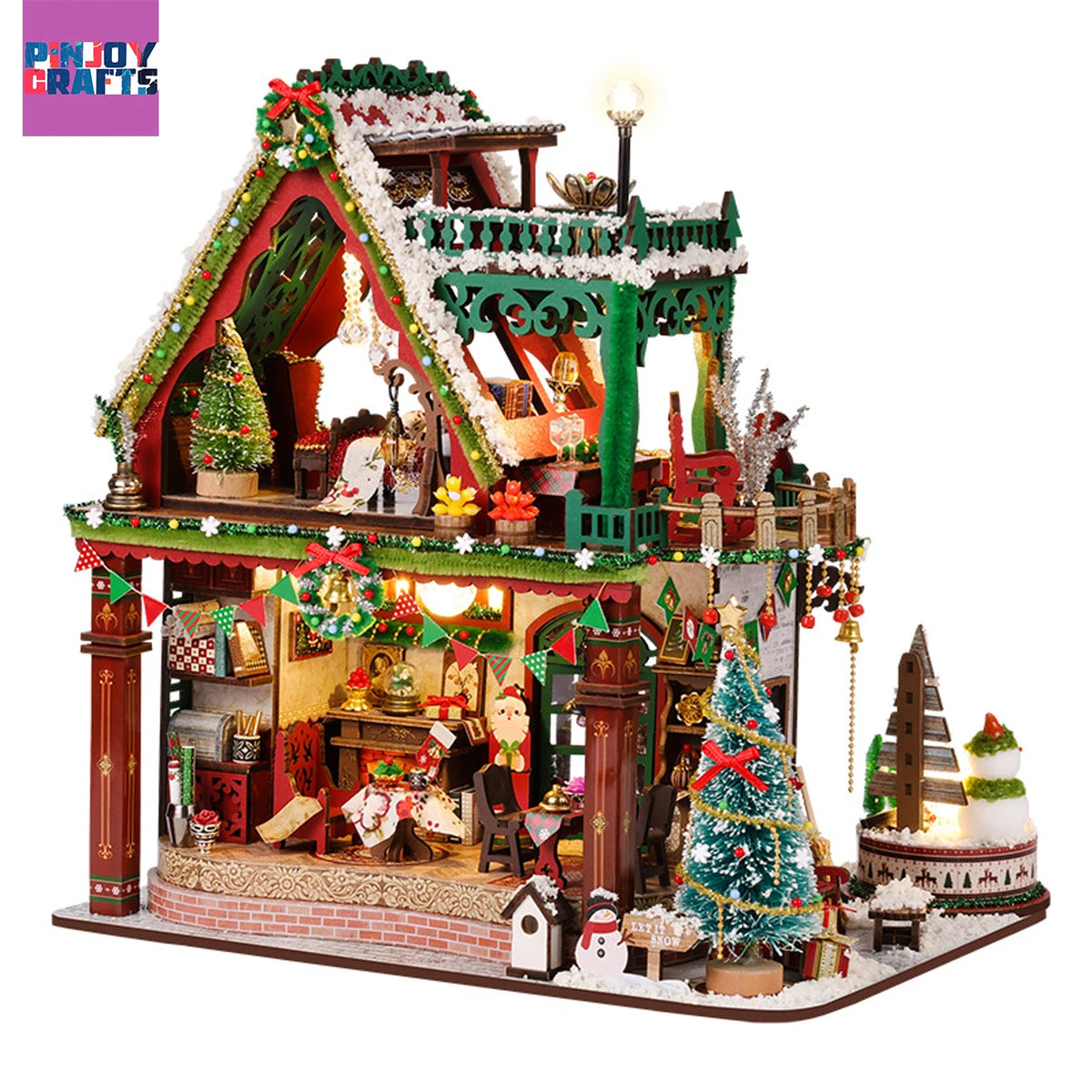 Christmas Snow Scene Wooden DIY Miniature House Kit – LED 3D Puzzle & Creative Holiday Gift