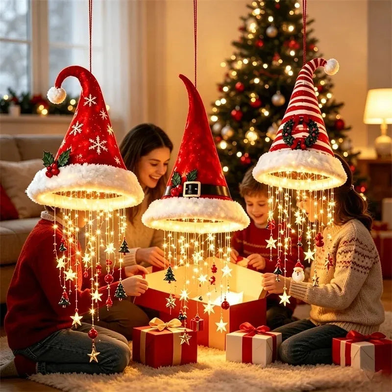 Christmas Santa Hat LED Hanging Light – Warm Glowing Chandelier String Light for Stairs & Home