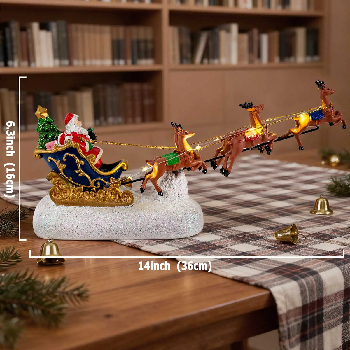 Christmas Village Santa Sleigh & Reindeer Figurine – Lighted Musical Tabletop Décor