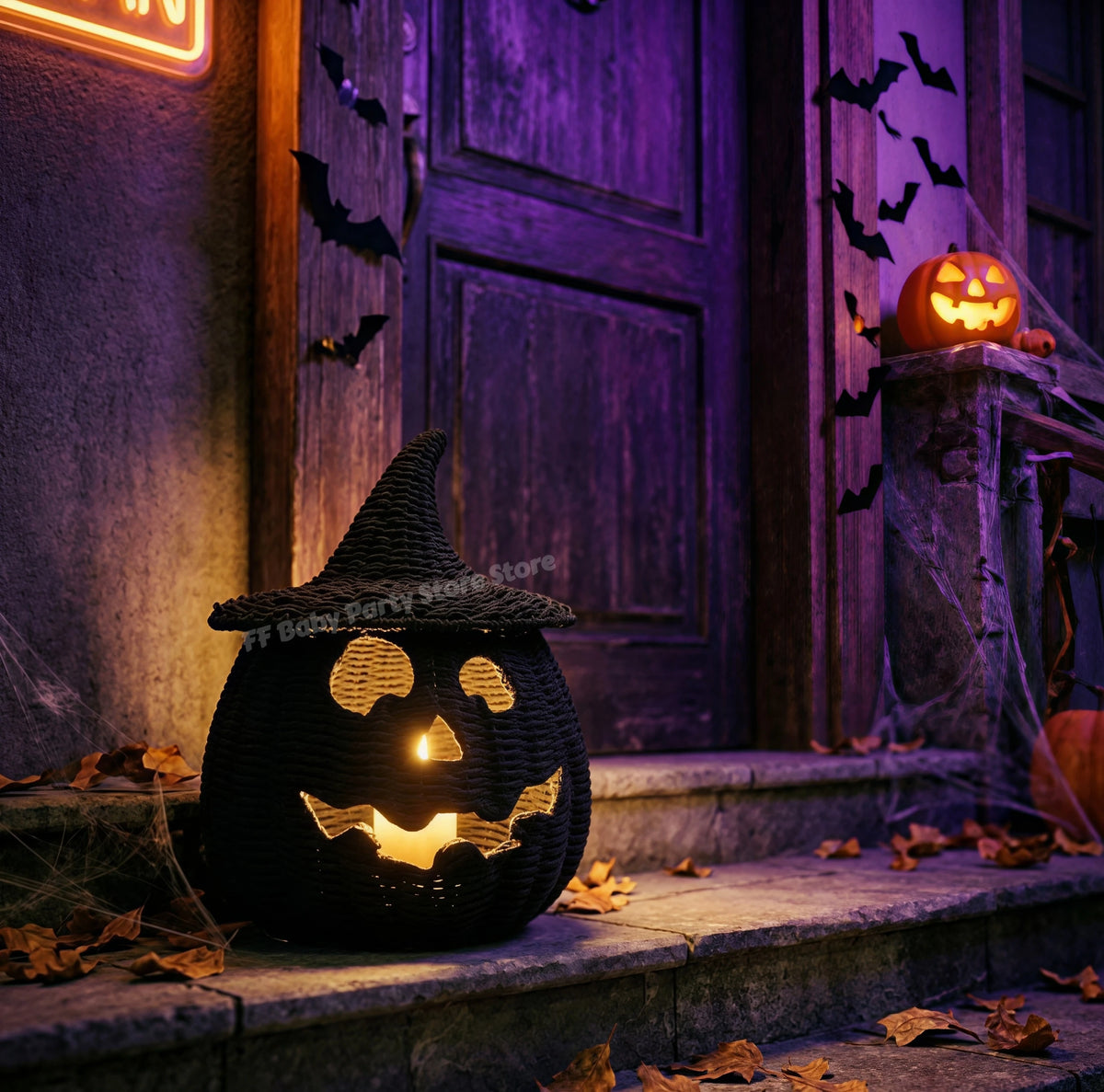 Hand-Woven Wicker Pumpkin Lantern with Witch Hat — Halloween Candle Holder & Fall Decor