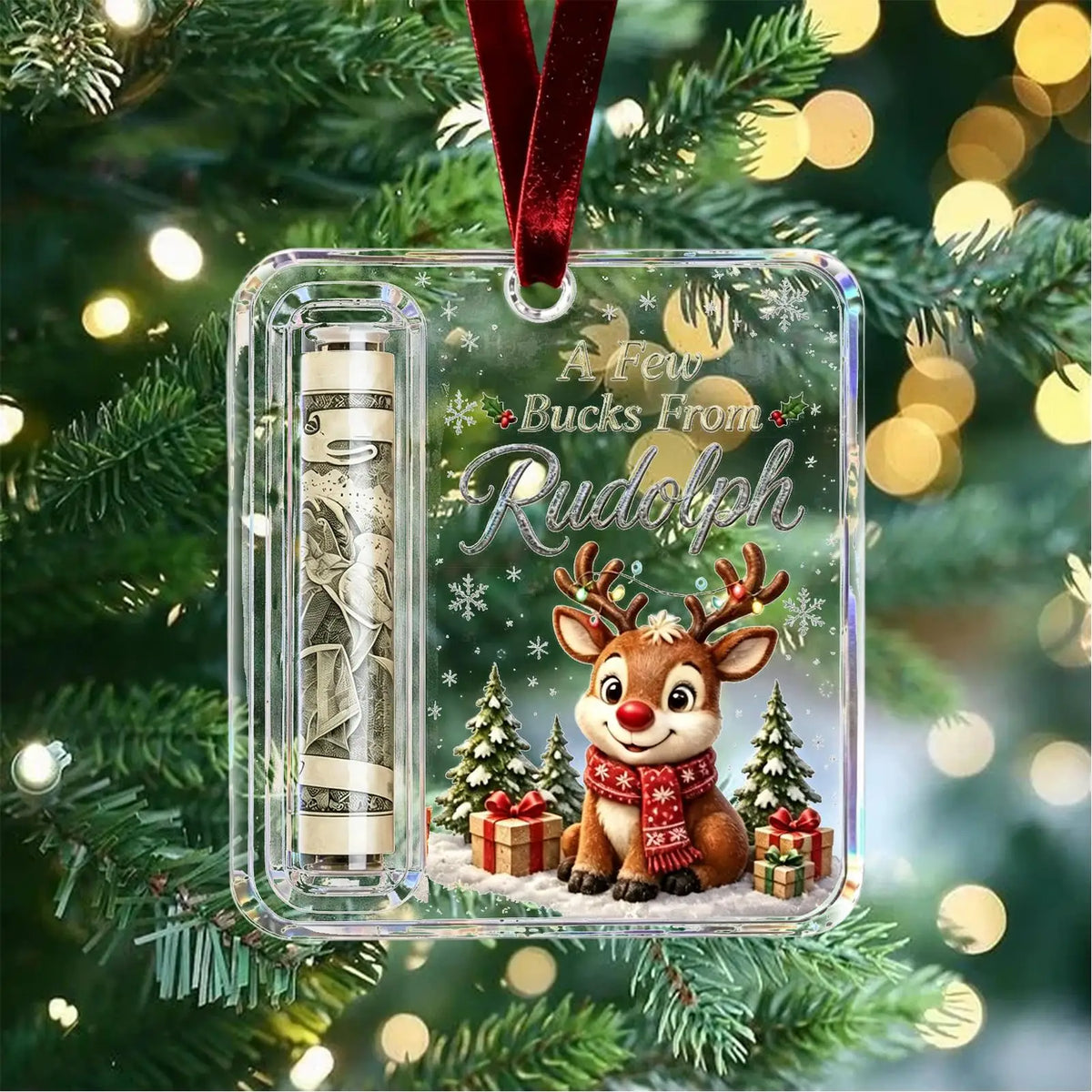 Christmas Acrylic Cash Holder Ornament — Reusable Holographic Money Gift