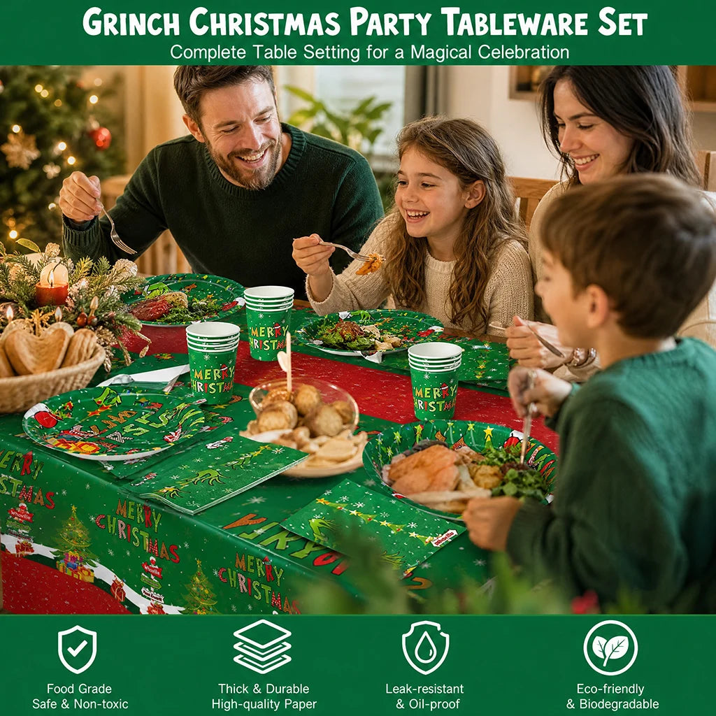 2026 Christmas New Decorations Green Party Tableware Set Disposable Paper Plates Cups Napkins For New Year Eve Dinner Supplies