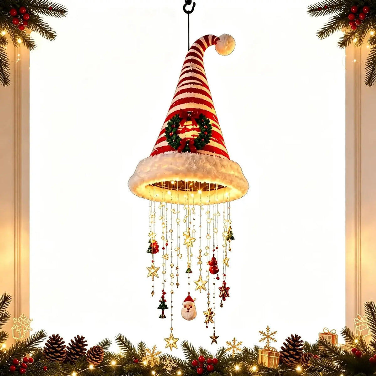Christmas Santa Hat LED Hanging Light – Warm Glowing Chandelier String Light for Stairs & Home