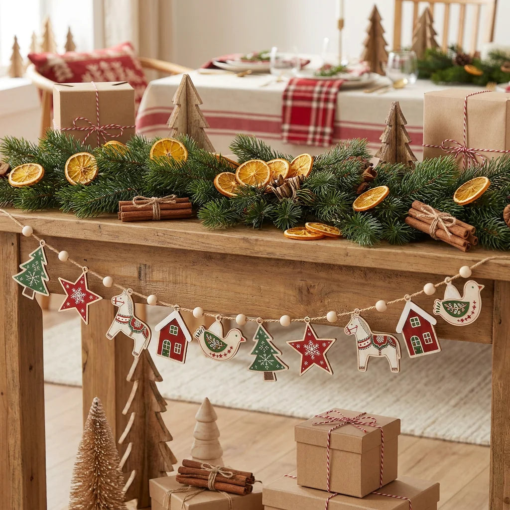 Scandinavian Christmas Wooden Garland with Wood Beads & Hemp Rope