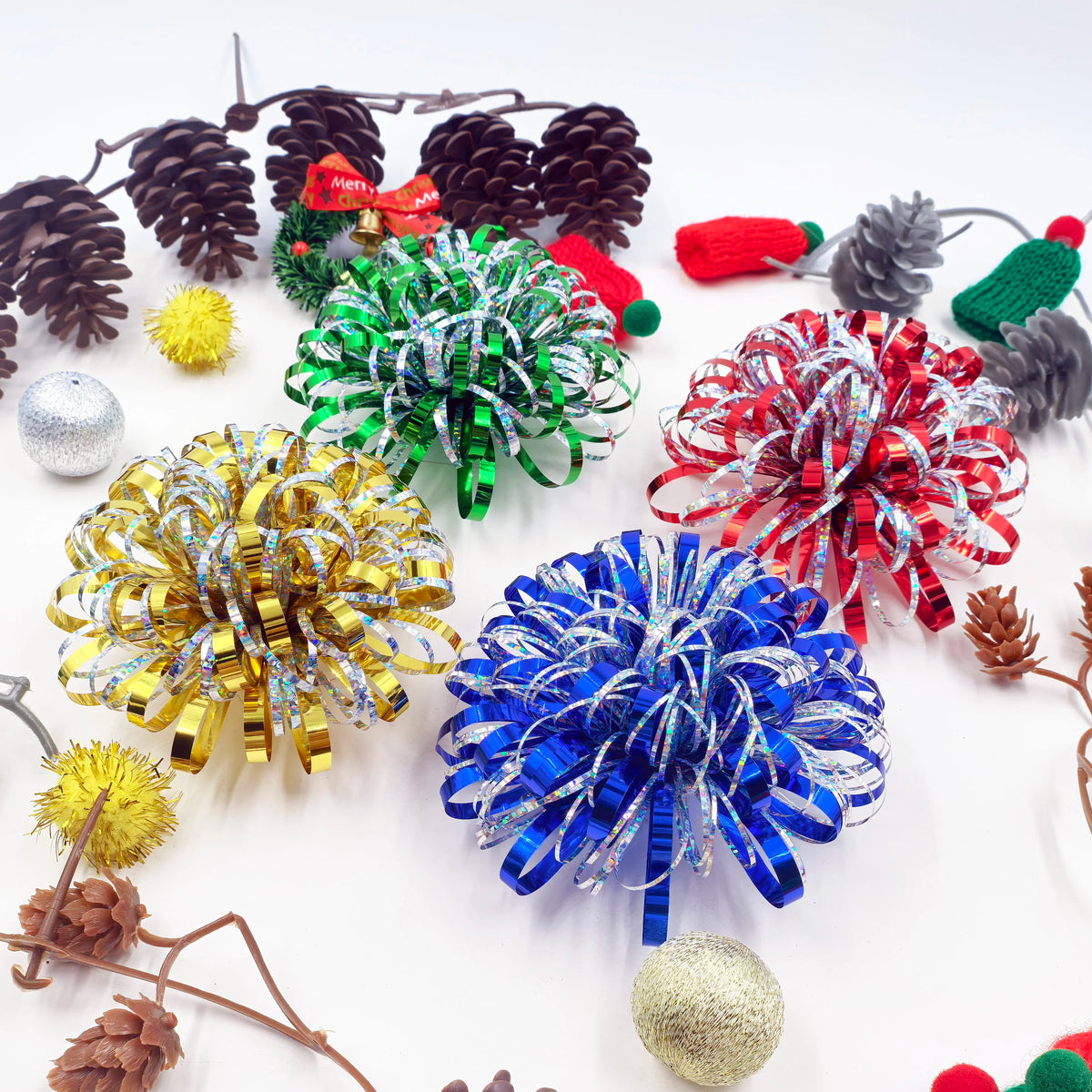 Firework Gift Bows 4-Pack – Mixed Color PET Pom Pom Bows for Christmas, Birthdays & Parties