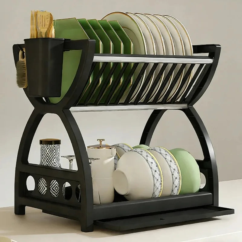 2 Tier Dish Drying Rack Kitchen Organizer Bowl Plate Storage Drainer Shelf with Utensil Holder Drip Tray Countertop Space Saver