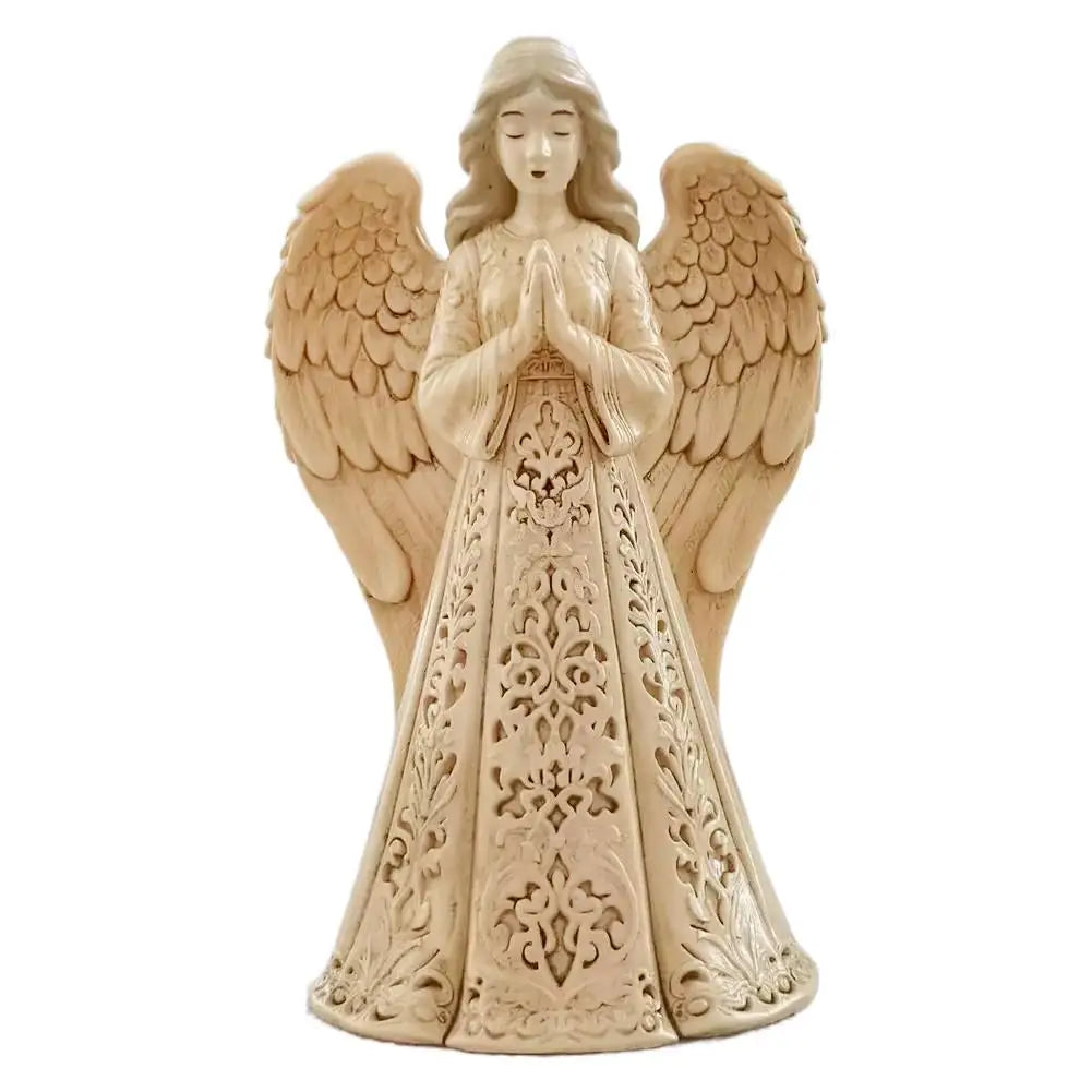 Christmas Praying Angel Statue with Warm LED Light – Hollow Resin Holiday Décor