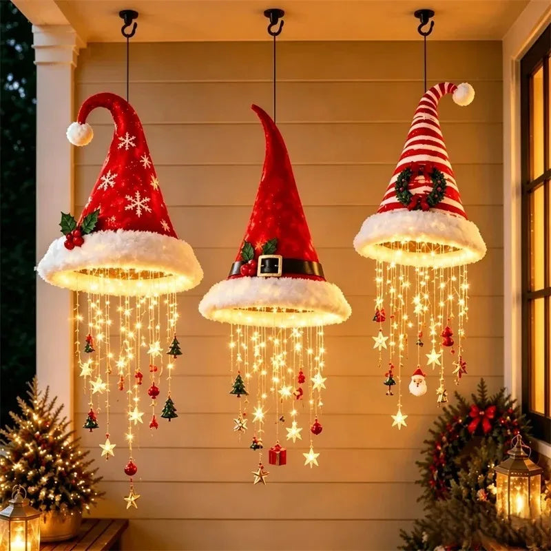 Christmas Santa Hat LED Hanging Light – Warm Glowing Chandelier String Light for Stairs & Home