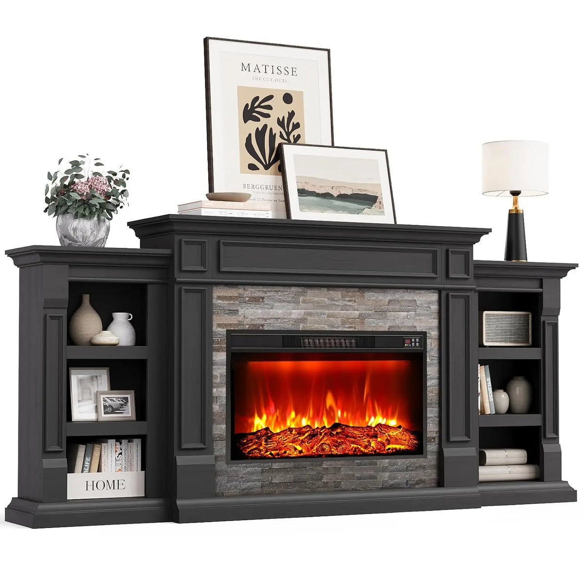 80" Electric Fireplace TV Stand with Mantel — Stacked Stone Surround