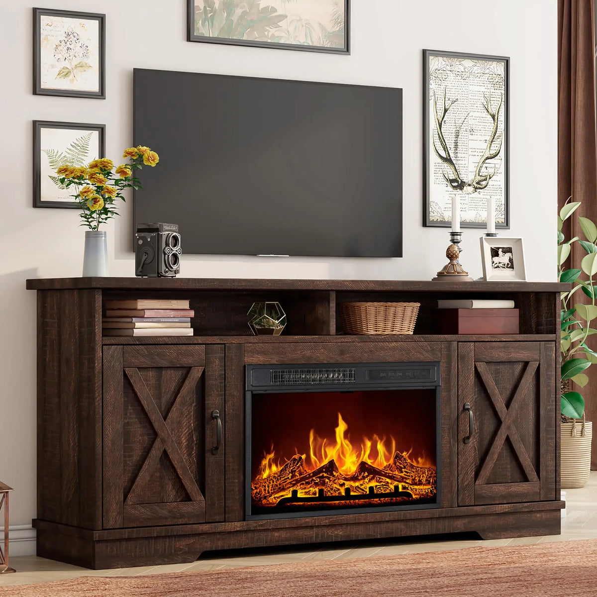 63" Farmhouse Fireplace TV Stand with 26" Electric Fireplace