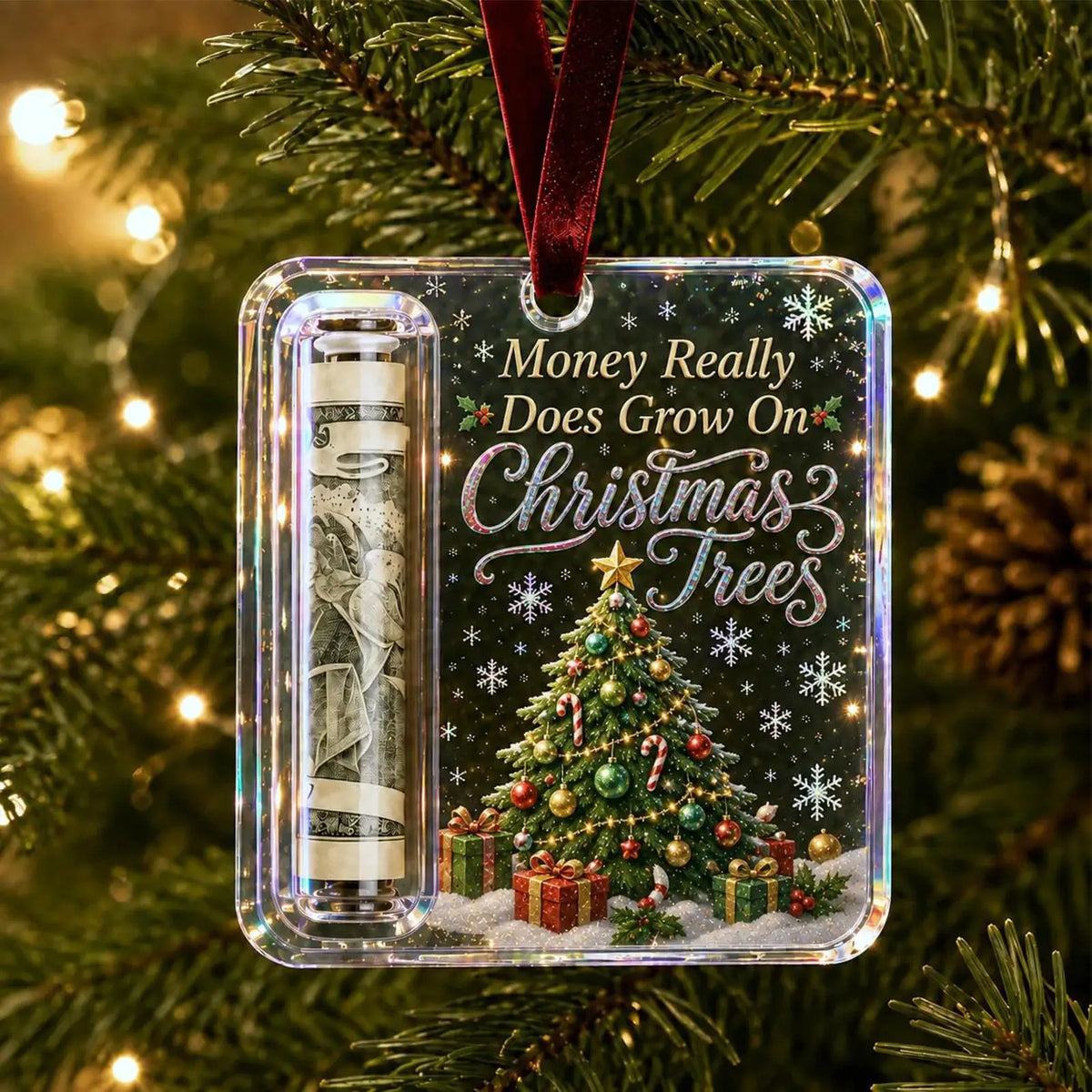 Christmas Acrylic Cash Holder Ornament — Reusable Holographic Money Gift