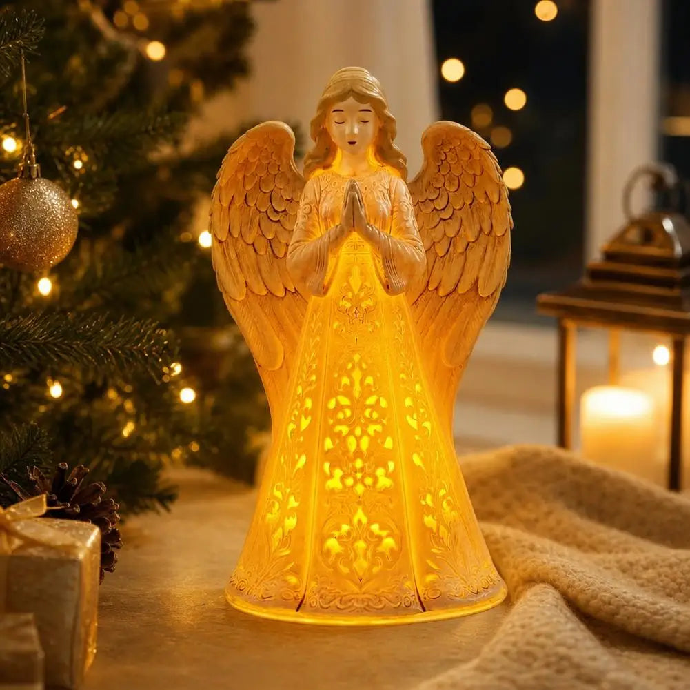 Christmas Praying Angel Statue with Warm LED Light – Hollow Resin Holiday Décor