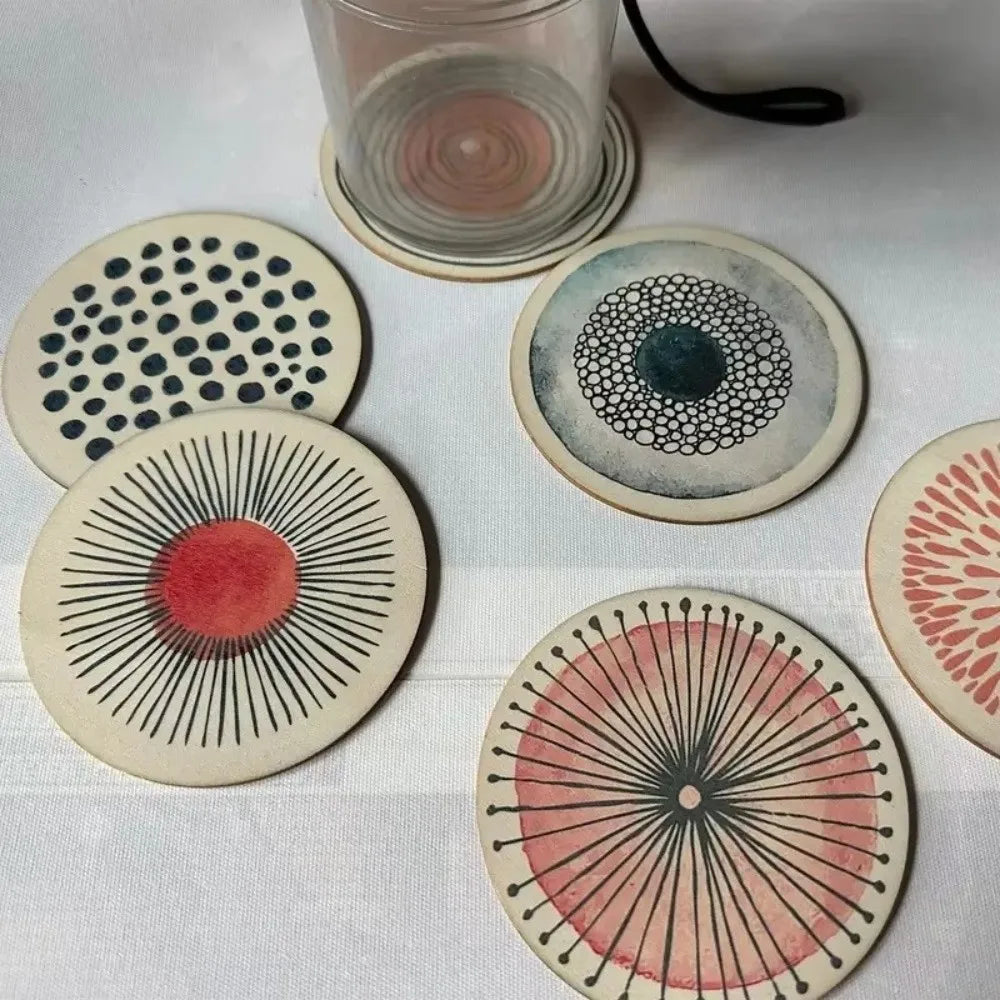 Wooden Circular Patterned Coasters — Set of 6 Eco-Friendly Heat-Resistant Cup Mats