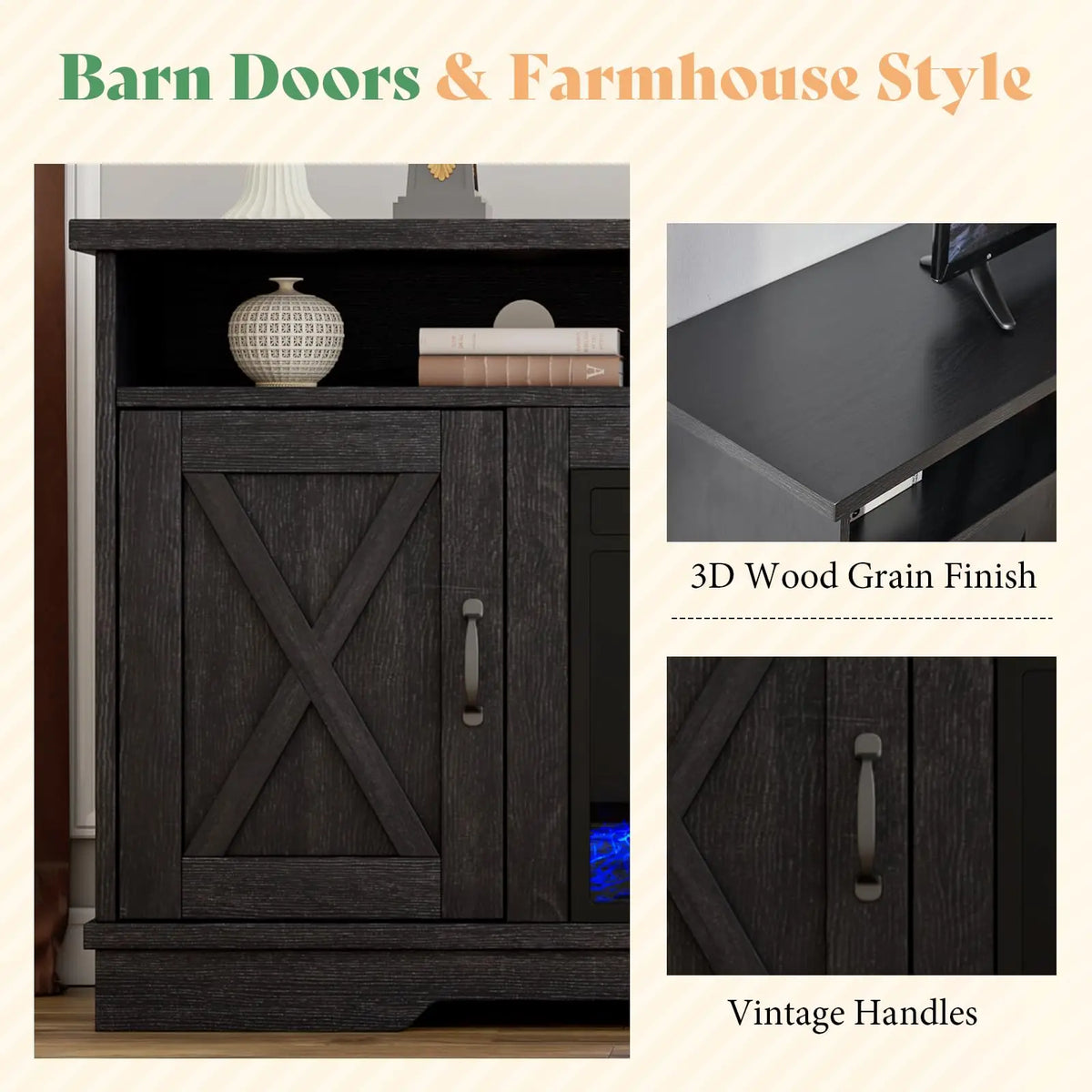 63" Farmhouse Fireplace TV Stand with 26" Electric Fireplace