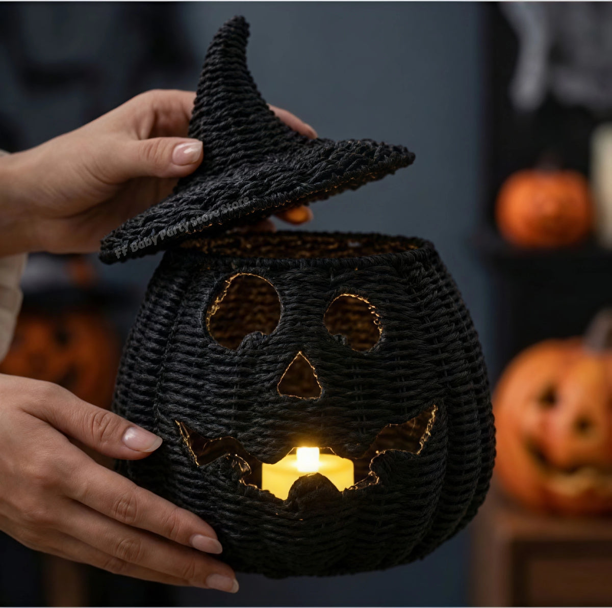 Hand-Woven Wicker Pumpkin Lantern with Witch Hat — Halloween Candle Holder & Fall Decor