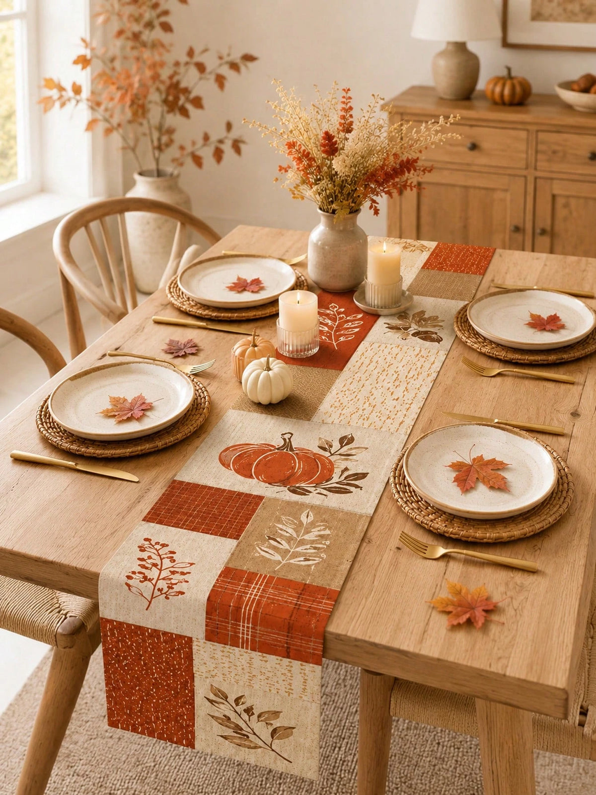 Fall Harvest Linen Table Runner, 2D Patchwork Pumpkin Autumn Leaf Print, Multiple Sizes, Ideal Thanksgiving Tabletop Decoration