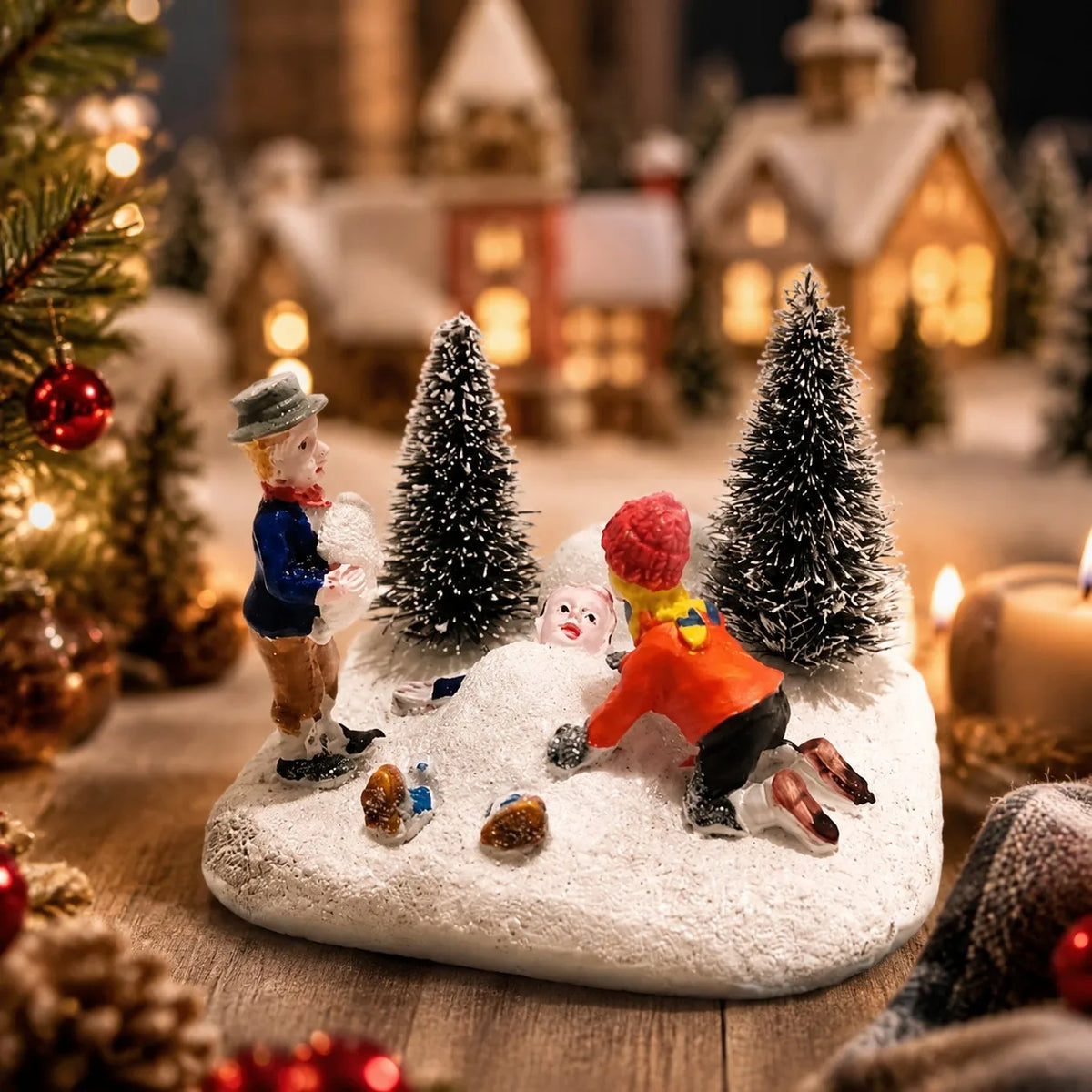 Christmas Village Figurines – Hand-Painted Resin Kids & Santa Scene Accessories