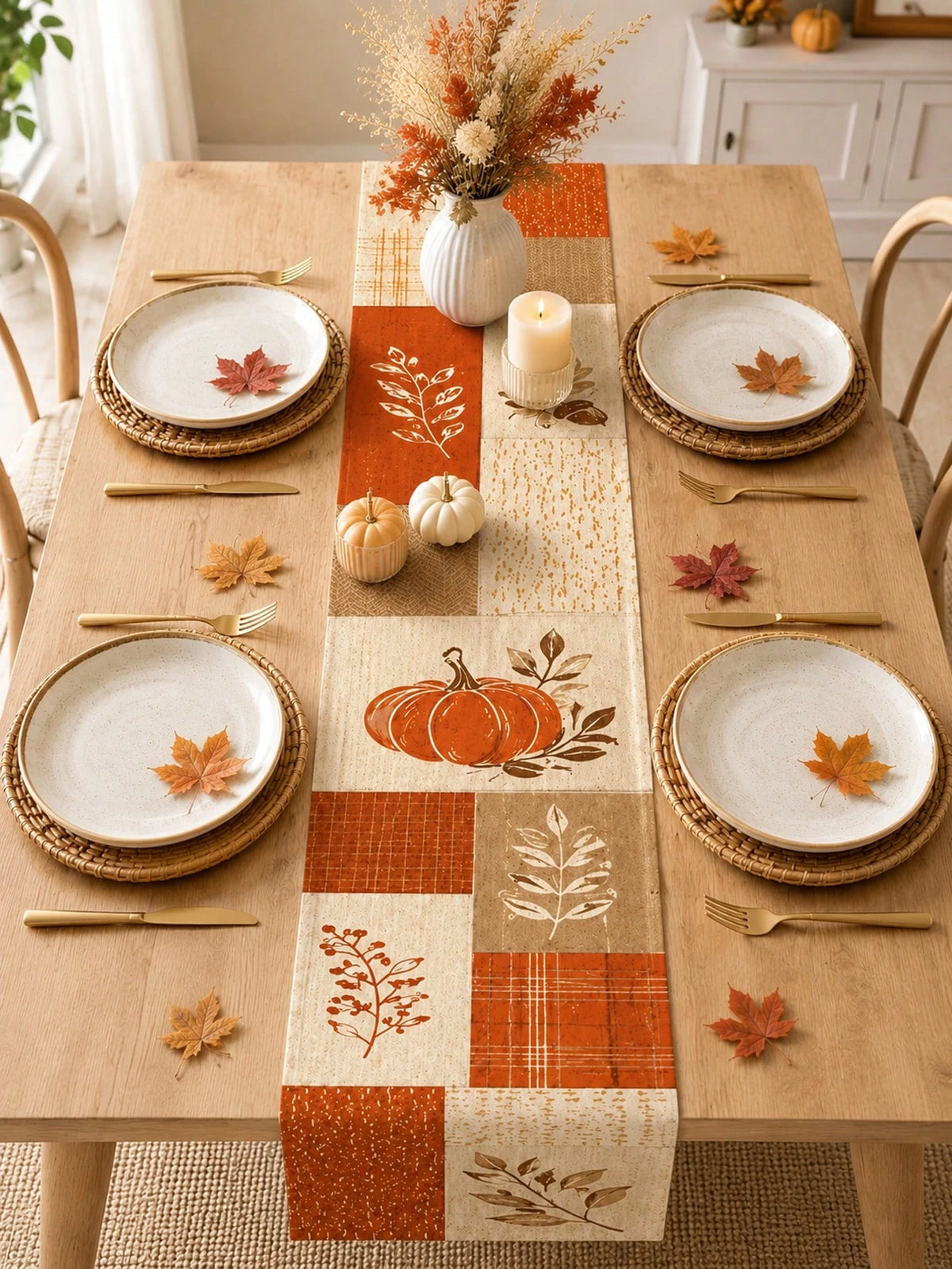 Fall Harvest Linen Table Runner, 2D Patchwork Pumpkin Autumn Leaf Print, Multiple Sizes, Ideal Thanksgiving Tabletop Decoration