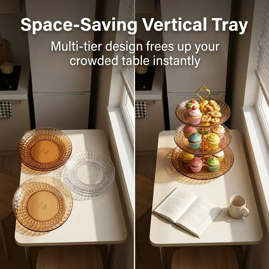 2/3 Tier Serving Tray Cake Stand Reusable Plastic Plates Serving Dishes Dessert Plate Fruit Bowl Snack Dish PET Food Tray Handle