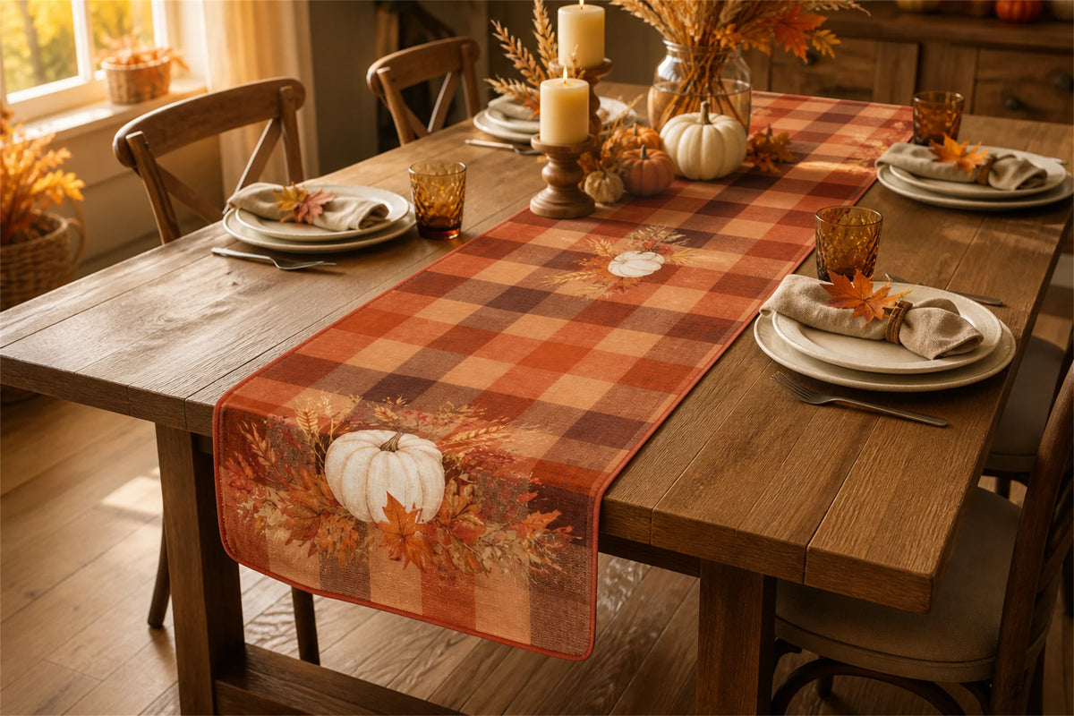 Fall Pumpkin Plaid Table Runner Autumn Harvest Maple Leaf Print Dining Table Decor Farmhouse Thanksgiving Home Decoration