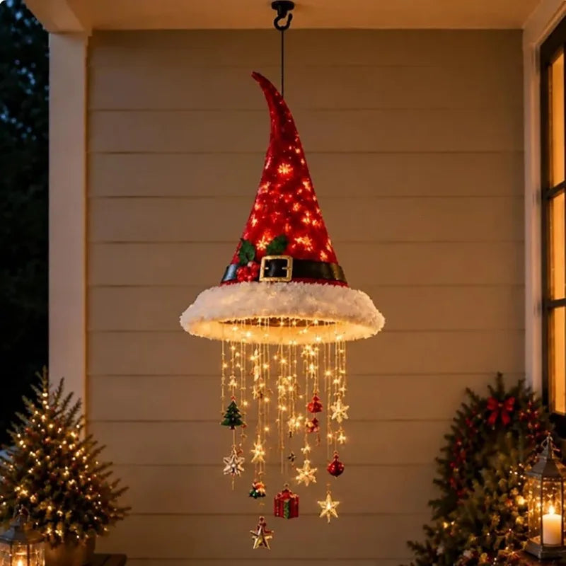 Christmas Santa Hat LED Hanging Light – Warm Glowing Chandelier String Light for Stairs & Home