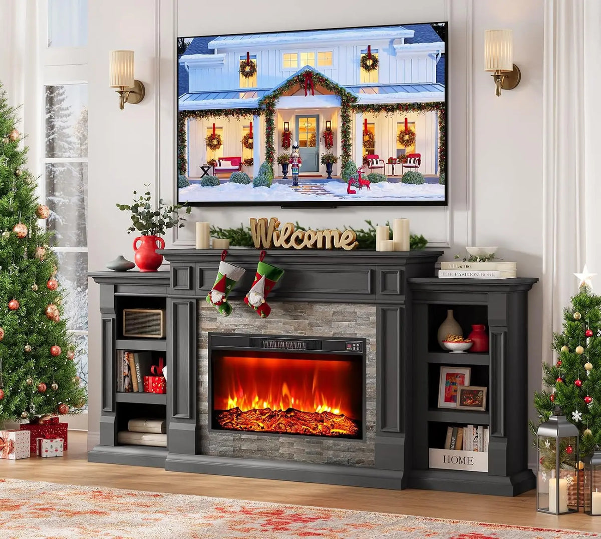 80" Electric Fireplace TV Stand with Mantel — Stacked Stone Surround