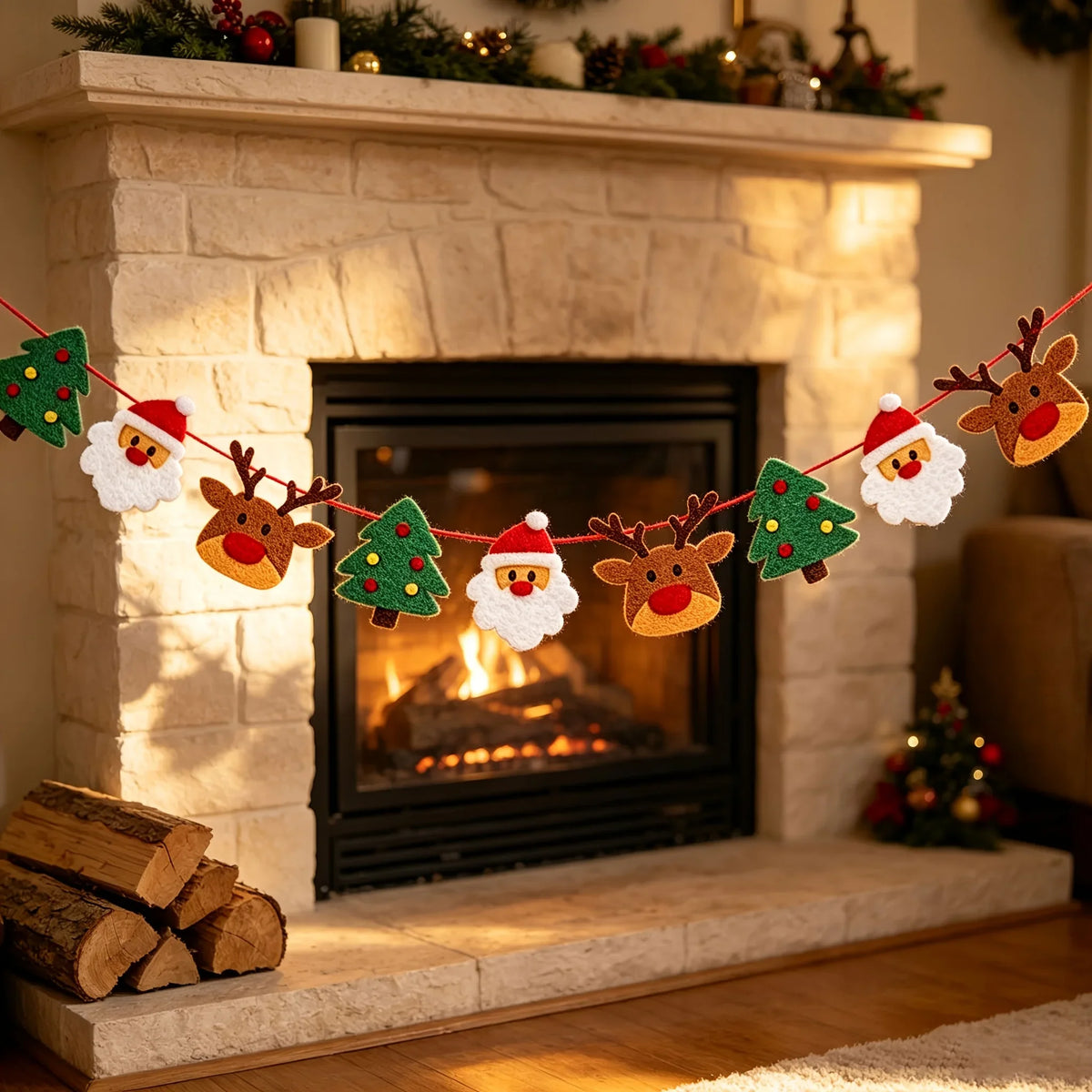 Christmas Felt Banner Bunting – Reindeer, Santa & Xmas Tree Hanging Garland