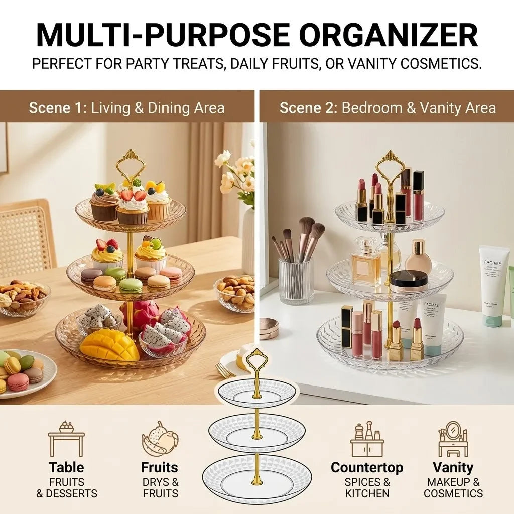 2/3 Tier Serving Tray Cake Stand Reusable Plastic Plates Serving Dishes Dessert Plate Fruit Bowl Snack Dish PET Food Tray Handle