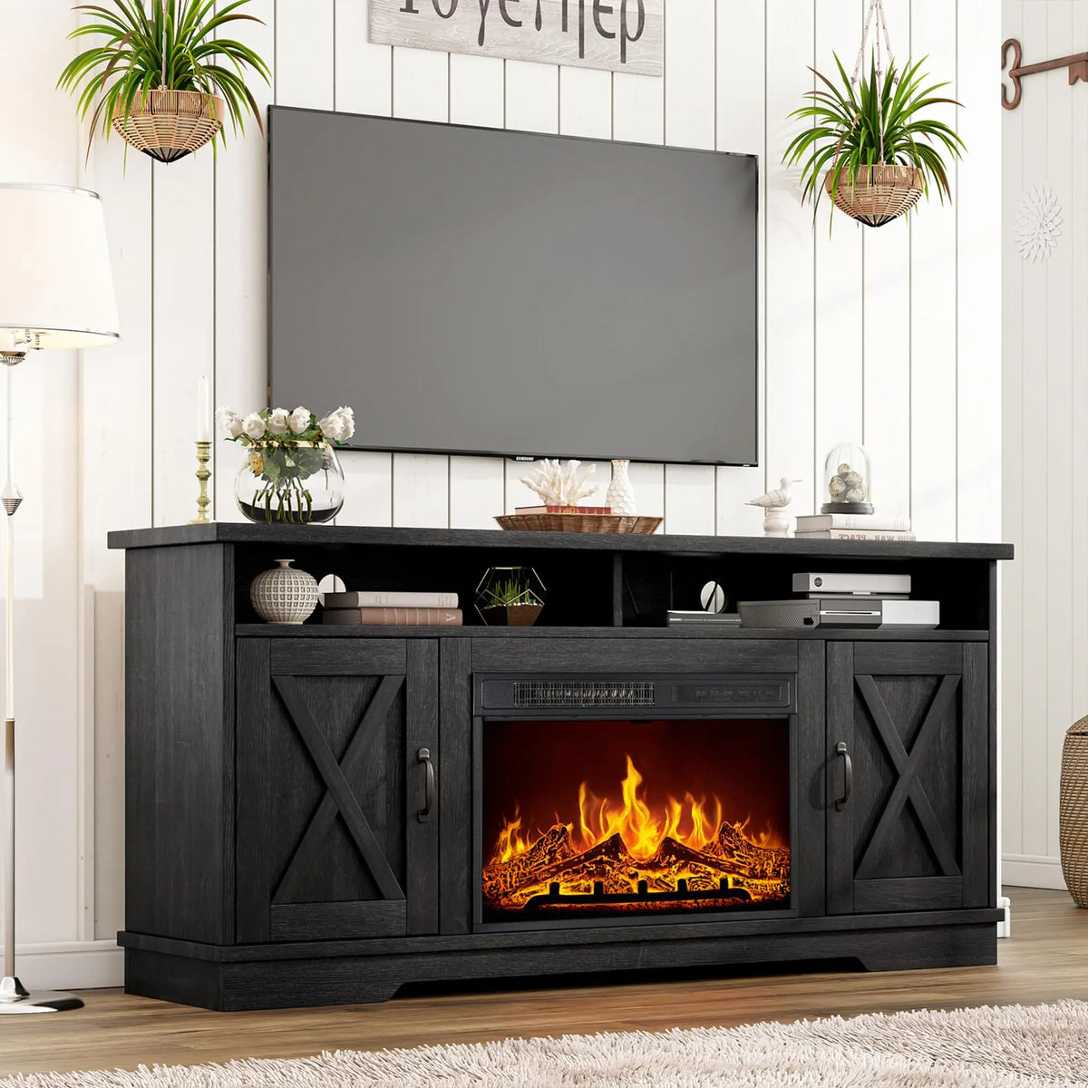63" Farmhouse Fireplace TV Stand with 26" Electric Fireplace
