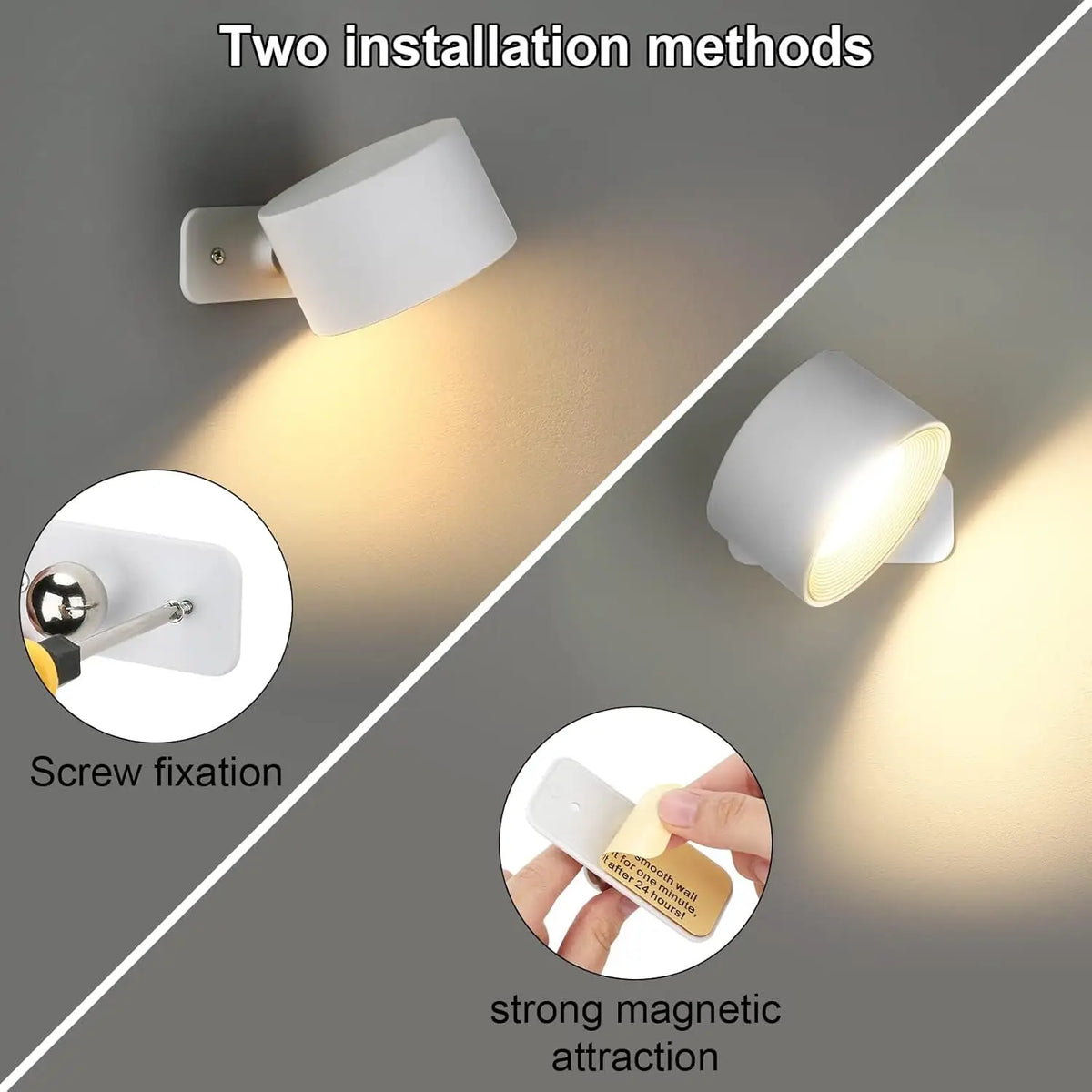 RGB LED Wall Sconce — Battery USB Rechargeable, Touch Control, 360° Rotation, 3-Level Brightness