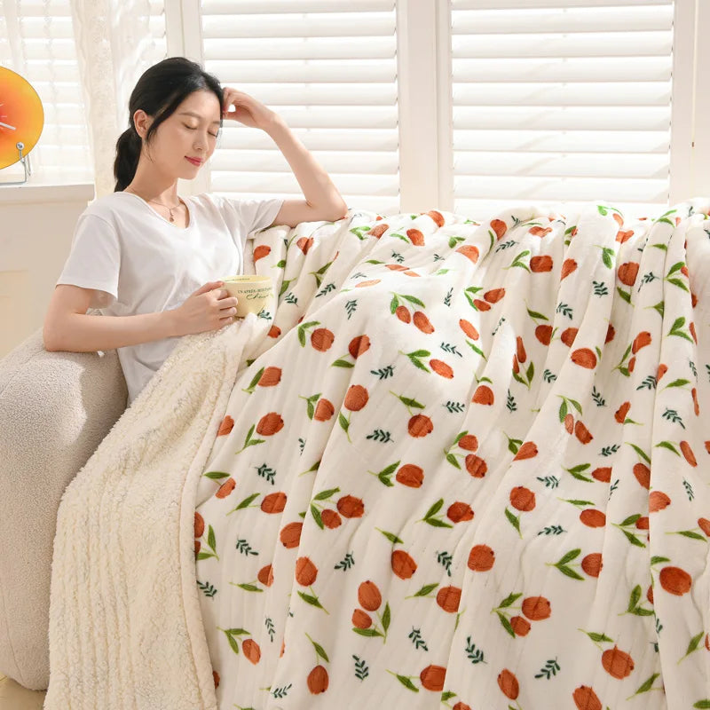Floral Sherpa Fleece Blanket Thick Warm Double Layer Plush Autumn Winter Blankets for Bed Tulip Printed Soft Sofa Throw Blanket
