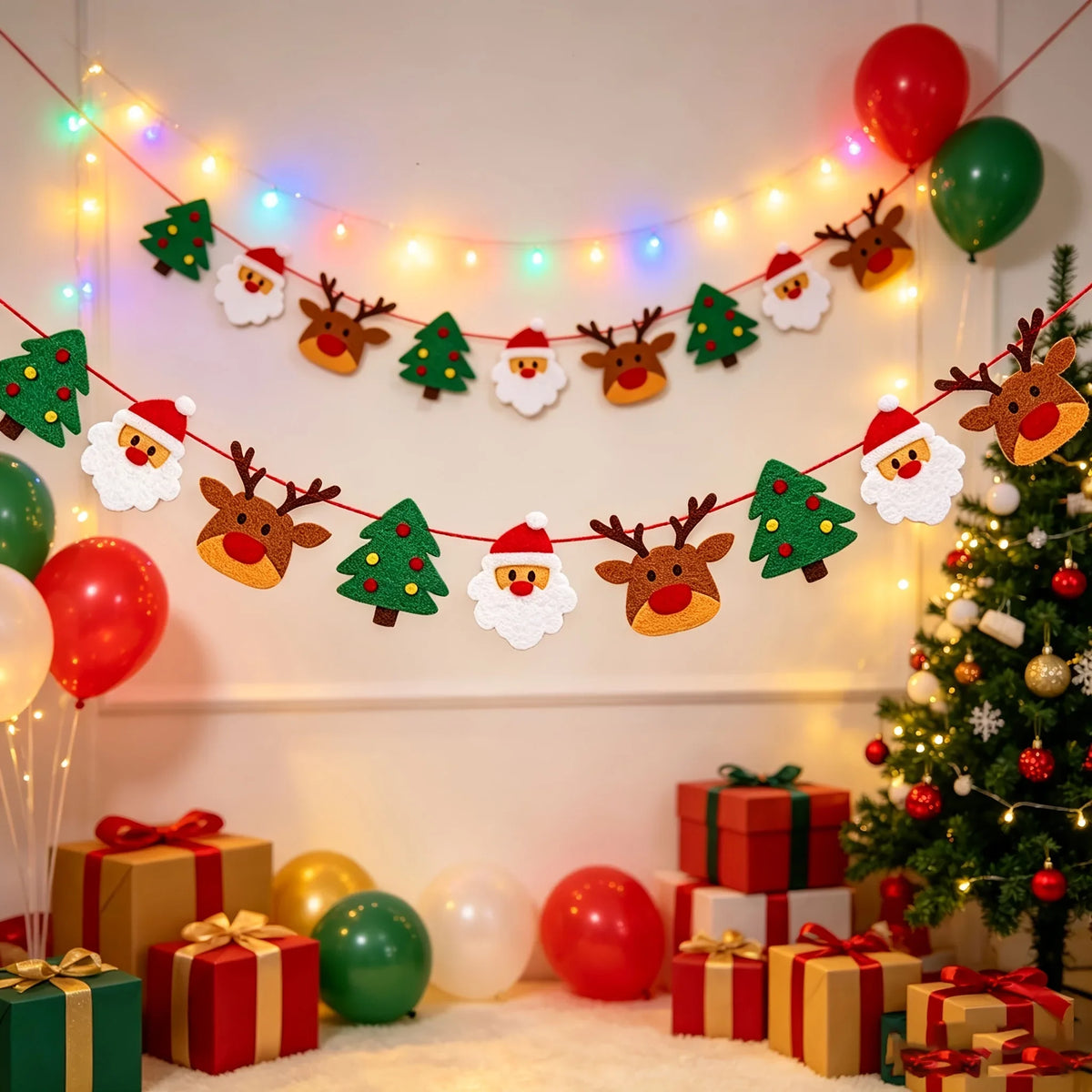 Christmas Felt Banner Bunting – Reindeer, Santa & Xmas Tree Hanging Garland